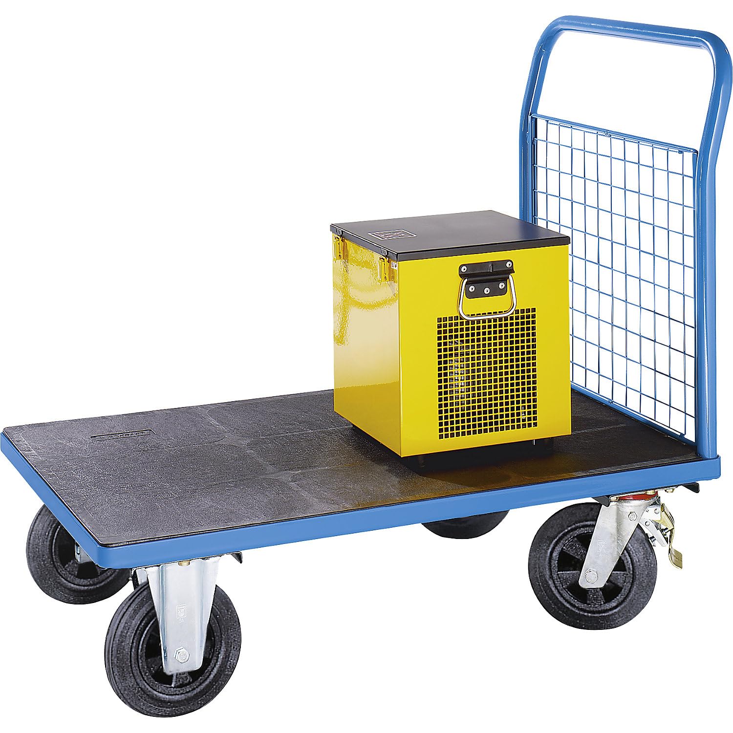 eurokraft | Plattformwagen | 1 hohe Gitter-Stirnwand | LxB 1250 x 800 mm | Vollgummireifen
