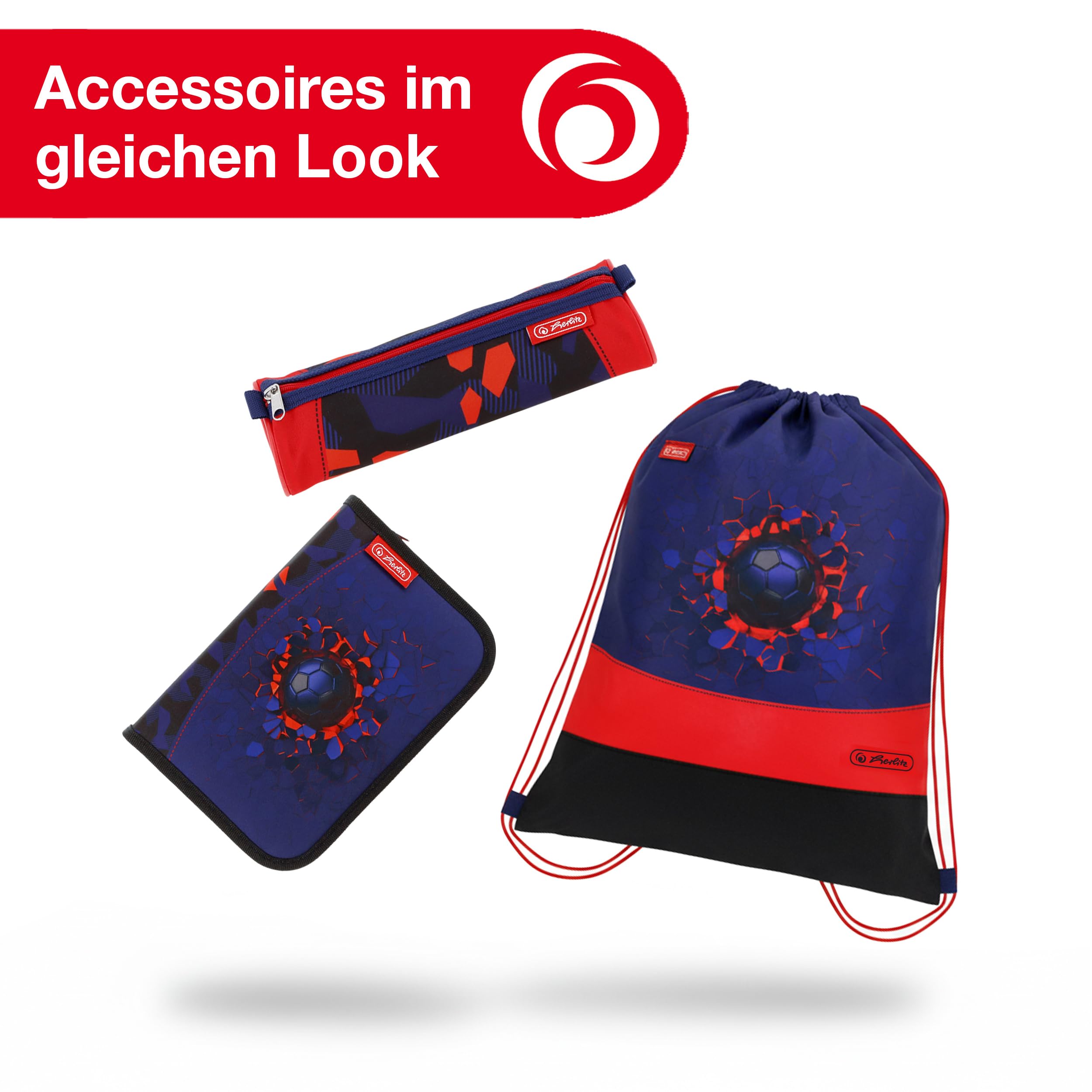 herlitz Tornister szkolny zestaw 4-częściowy Loop Kick Off niebieski czerwony 17 l ergonomiczny tornister o niskiej wadze 1. klasa chłopcy dziewczynki dzieci