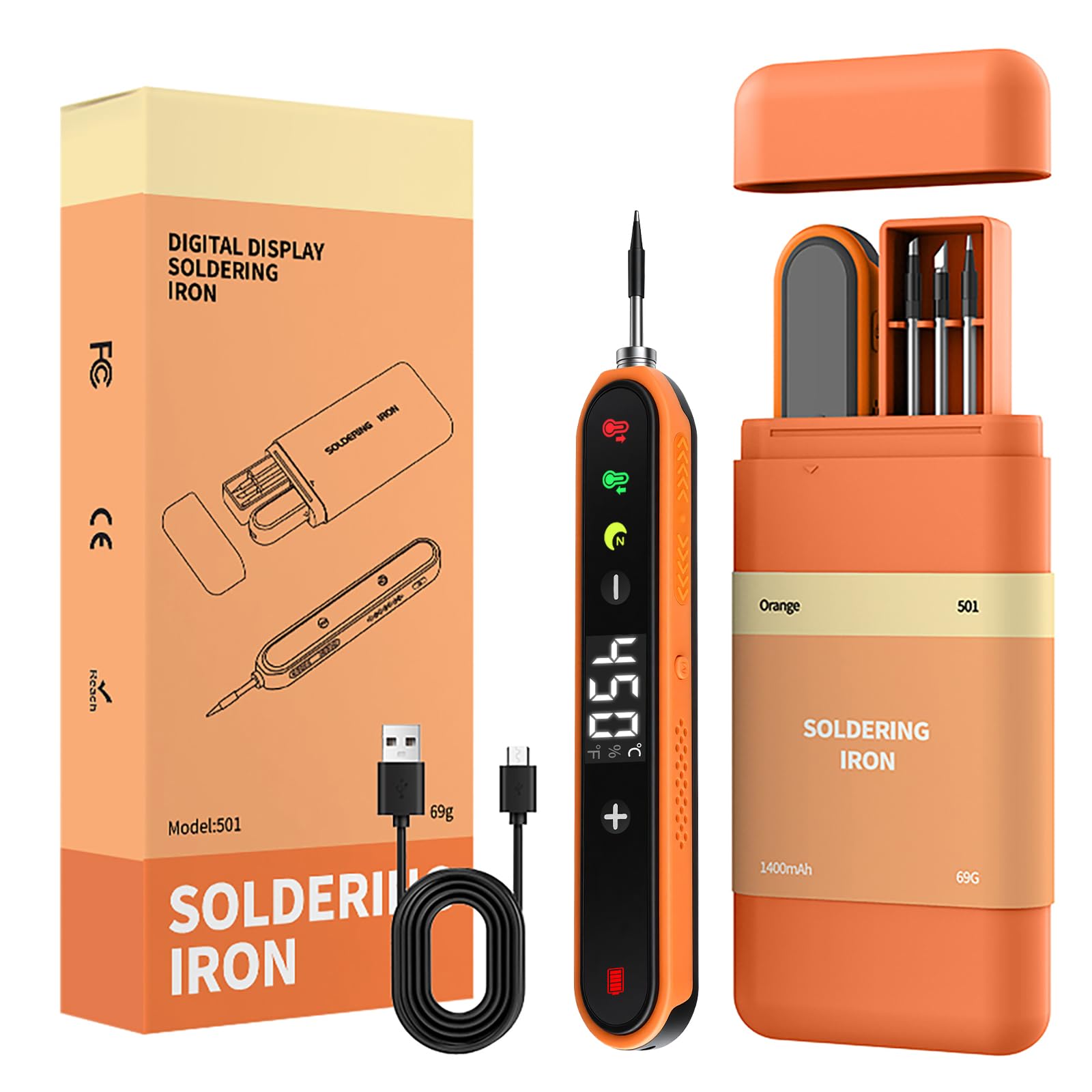 Fer à souder sans fil avec support, écran LCD, température réglable 180-450 °C, 3 pointes de soudure, fer à souder USB pour réparation de circuits imprimés, réparation de soudage - Orange