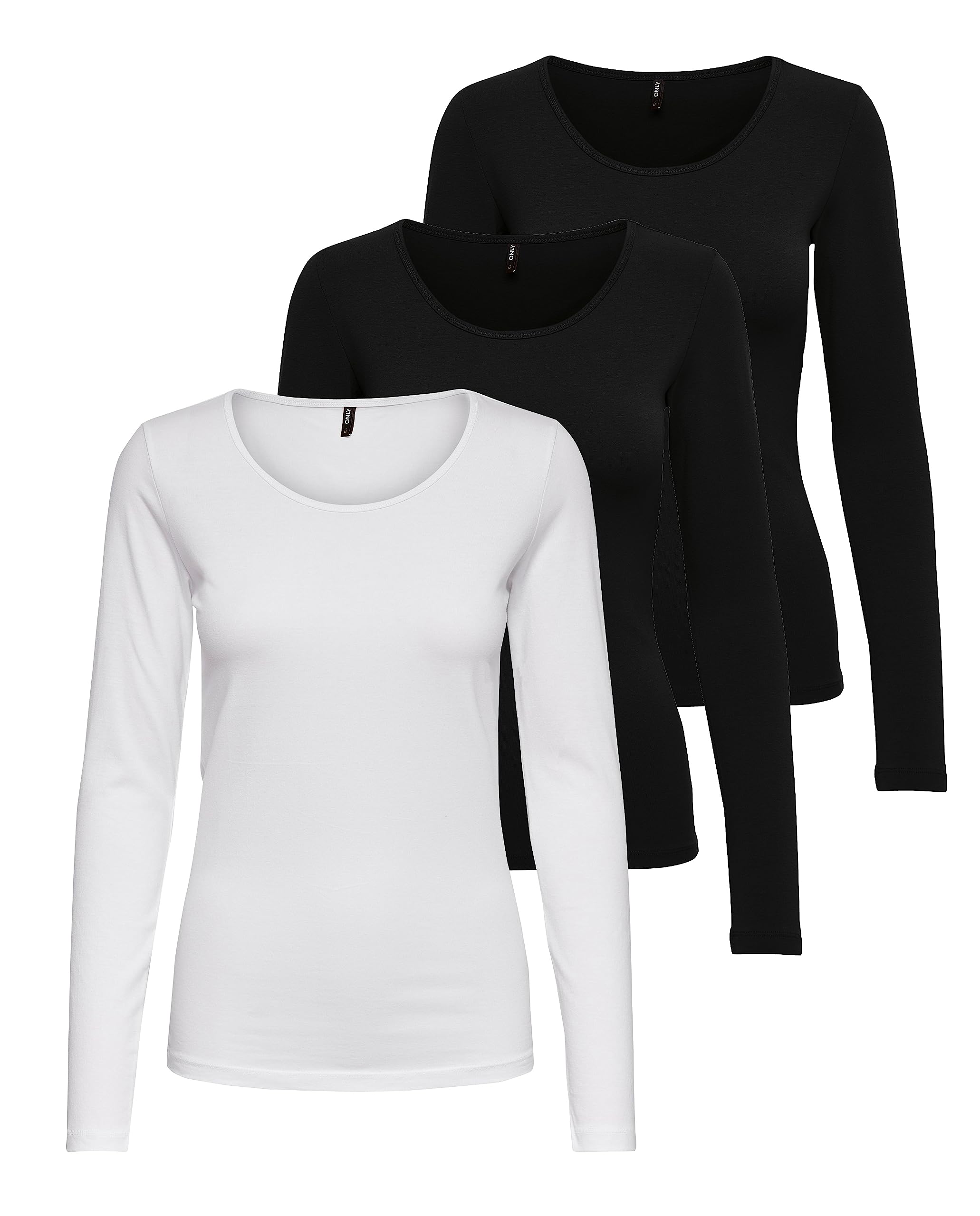 ONLY Onllive Love Life Basic T-Shirt à Manches Longues pour Femme, 2 x Noir, 1 x Blanc, L