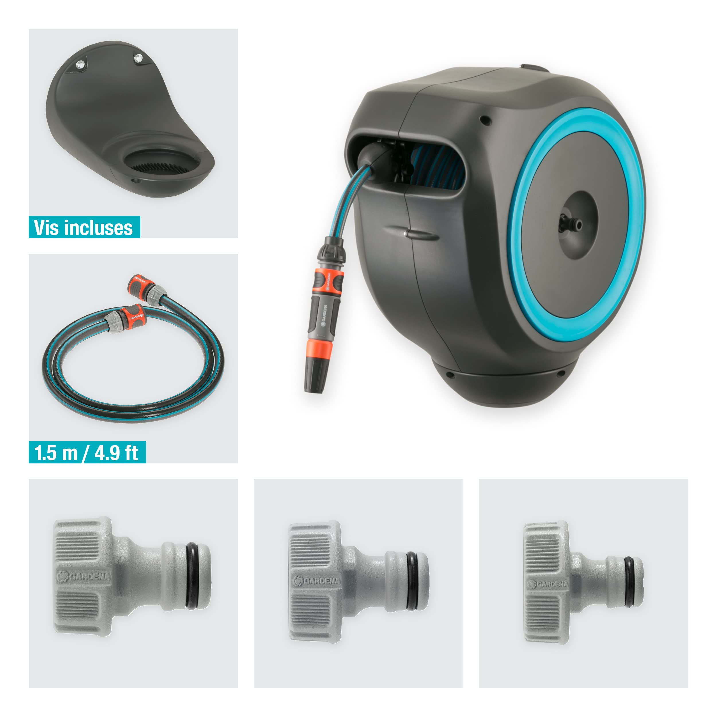 Gardena Enrouleur de tuyau Mural Rollup S (Turquoise)– Longueur 15m – Ø11mm– Garantie 5 ans– Dévidoir pivotant à 180°– Kit complet avec lance, raccord, tuyau et support mural inclus (18600-20)