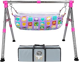 New Born Baby Swing Cradle Jhula for Babies Boy and Girl/Foldable & Portable Palna for Baby/Indian Style Hammock with Mosquito Net/Stainless Steel Body (Pink)