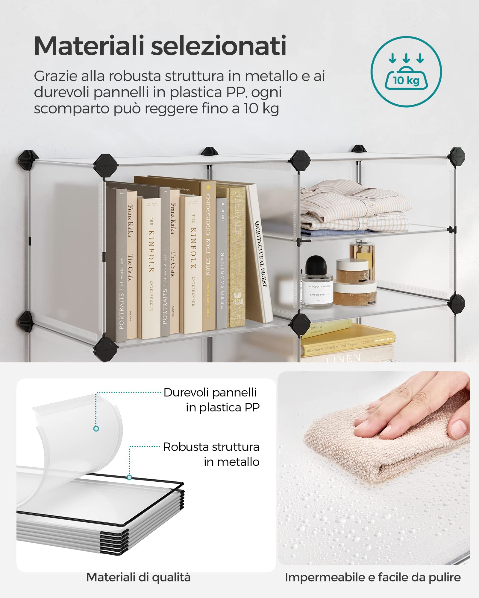 SONGMICS Scaffale a 9 Scomparti, Organizzatore Modulare, Scarpiera, Scomparto 30 x 40 x 30 cm, 30 x 40 x 15 cm, Soggiorno, Camera da Letto, Studio, con Martello di Gomma e Ferro, Bianco LPC36W