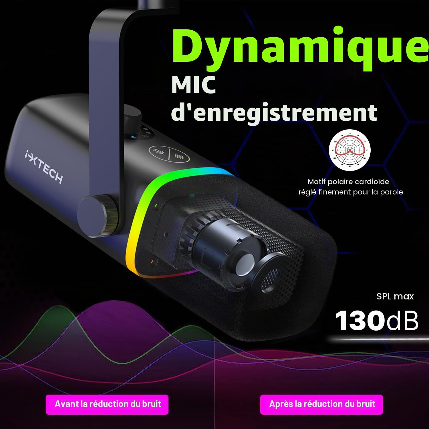 IXTECH Microphone USB de jeu pour PC, microphone à condensateur d'annulation de bruit pour podcasts et streaming vidéo avec trépied, filtre anti-pop, support antichoc, contrôle du gain, lumières RVB,