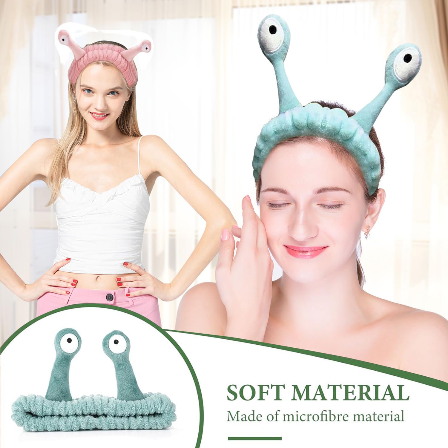 Bohue 2Pcs Spa Headband Face Wash Wristband Set Cute Cartoon Snail Headband Soft Elastic Coral Fleece Hair Band for Face Washing Skincare Yoga Sports Makeup Bath - Image 4