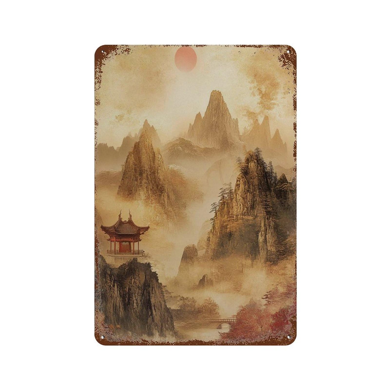 xiaoxiaoshen Oriental Mountain Landscape Golden Sunrise Japanese Tranquil Nature Wall Decor Art Metal Tin Poster Modern Home Decor Art Home Bar Shop Decorations Vintage Sign 30x20cm