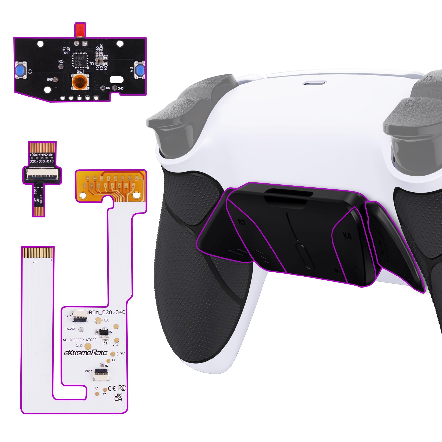 eXtremeRate RISE4 V4 Remap Kit pour ps5 Manette BDM-030/040/050/060, Coque Arrière Redessinée avec 4 Palette pour ps5 Controller BDM-030/040/050/060, Carte améliorée, Fond Blanc et Noir
