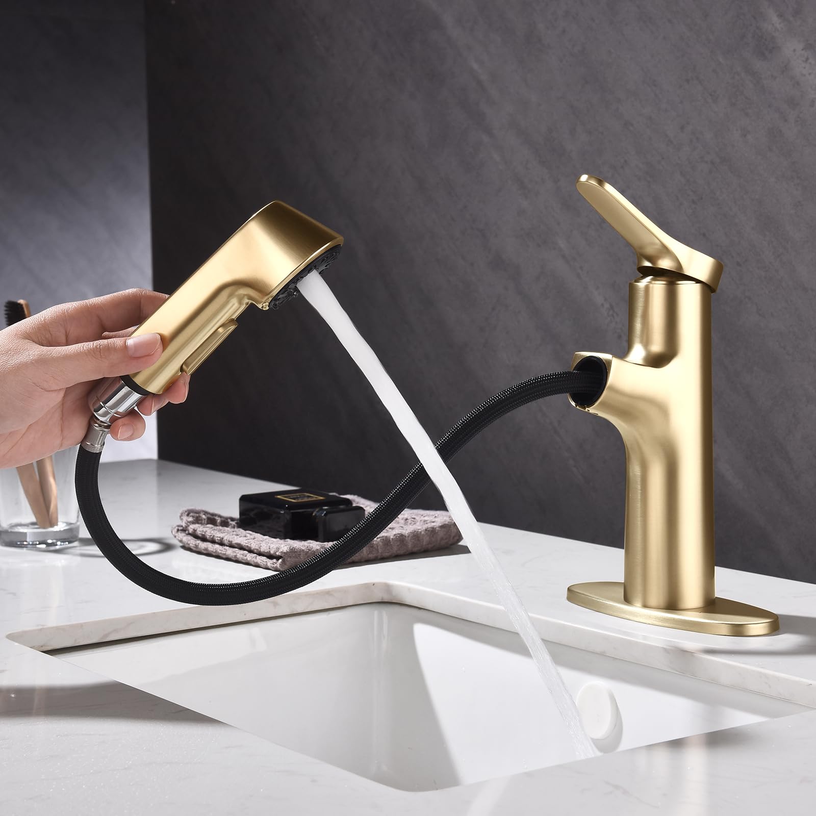 Bvoechor Brushed Gold Bathroom Sink Faucet with Pull Out Sprayer, Single Hole Single Handle Modern Lavatory Vessel Sink Faucet, Bar Sink Faucet