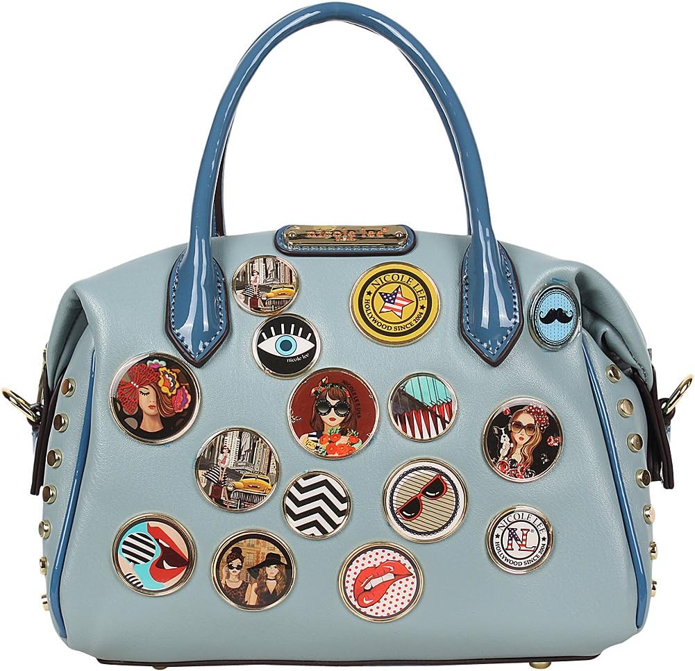 Dual Top Handle Boston Handbag With Zipper Closure, Decorated with Various Multicolored Buttons and Shiny Studs