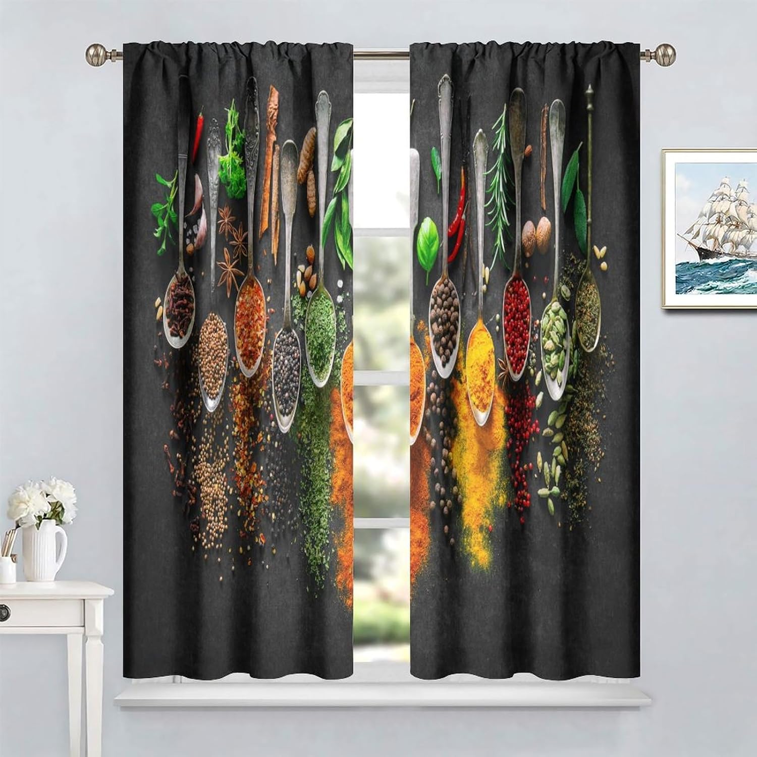 Colorful Spices Kitchen Curtains Cooking Herbs Spices Rustic Art Printed Blackout Rod Pocket Window Treatment Drapes for Living Room Bedroom W26xL84in 2 Panels