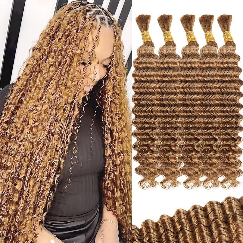 12A #27 Honey Blonde Human Braiding Hair for Boho Braids 5 Bundles 18 Inch 160g Deep Wave Braiding Hair for Bohemian Knotless Braids 100% Unprocessed Virgin Bulk Hair Extensions No Weft
