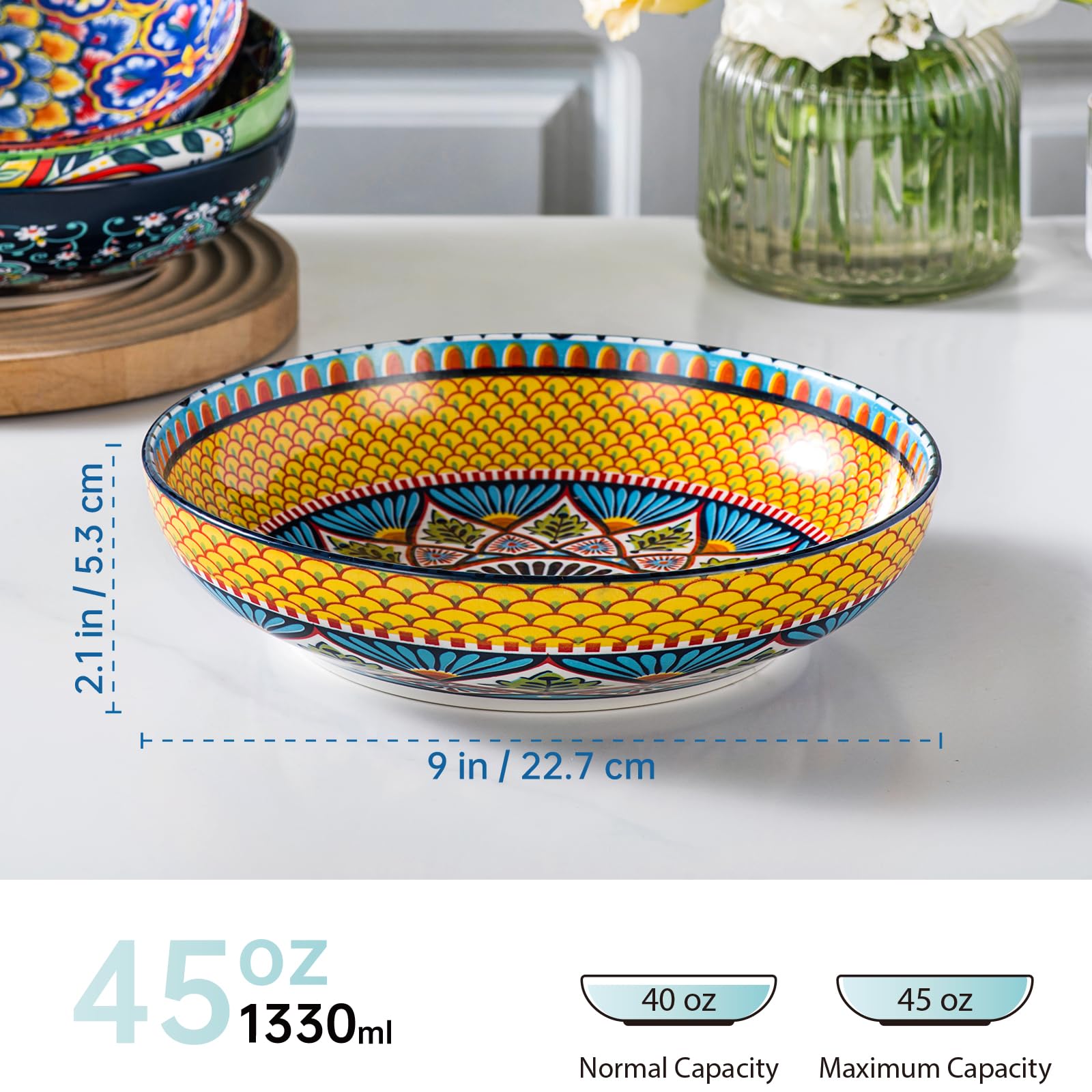 HENXFEN LEAD Saladiers 1330 ml, assiettes creuses, assiettes à pâtes, lot de 4 en porcelaine, grands plats de service colorés pour pâtes, nouilles, salade, soupe, style bohème