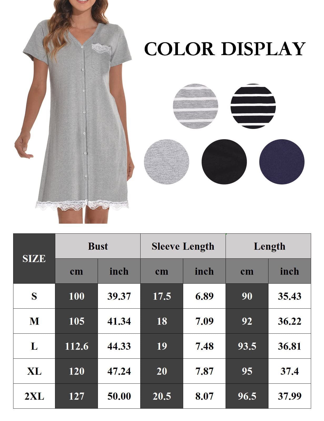 heekpek Camicia da Notte Donna Cotone con Bottoni Estiva Scollo a V Elegante Camicia Premaman Manica Corta Sciolto Pigiama Vestito con Orlo in Pizzo