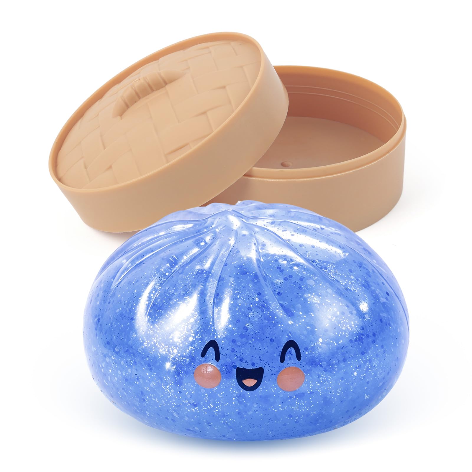 Glitter Dumpling Squishy with Steamer, Squishy Dumplings Sensory Fidget Toy, Squeeze Toys for Relaxation (Blue)