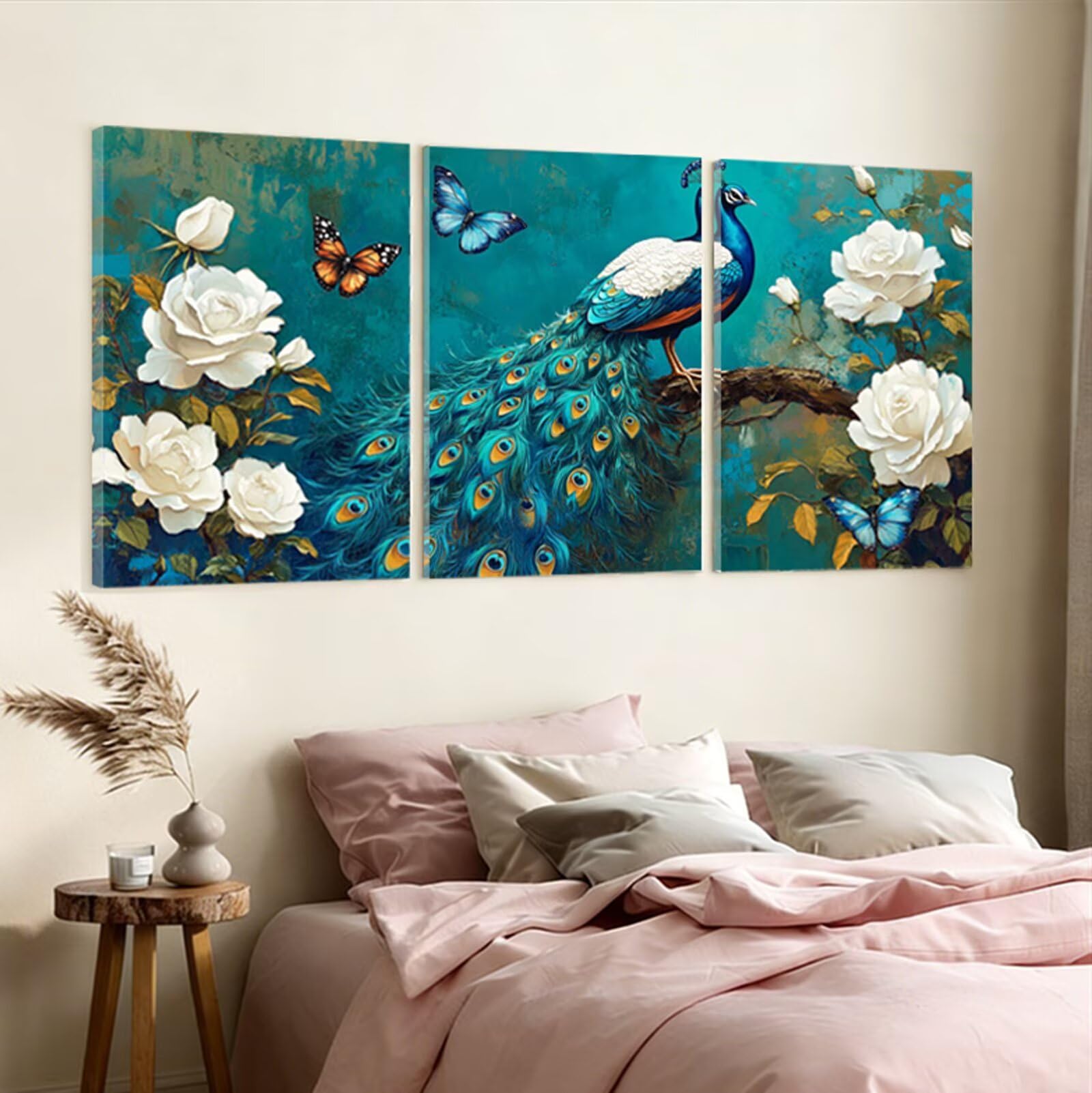 3 Pcs Cadre en Bois Impression sur Toile, Tableau Decoration Murale, Tableau Fleur Affiche Decoration Murale Paon Poster et Arts Décoratifs Triptyque Salon Chambre Prêt a Accrocher 35x50 cm 1f-1093