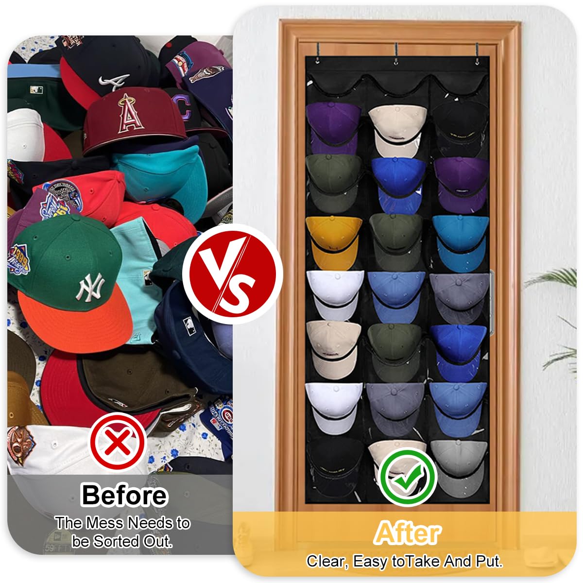 Supporto per cappelli da baseball, porta cappelli, supporto per cappelli da baseball, doppio strato, pieghevole, con 24 tasche, nero