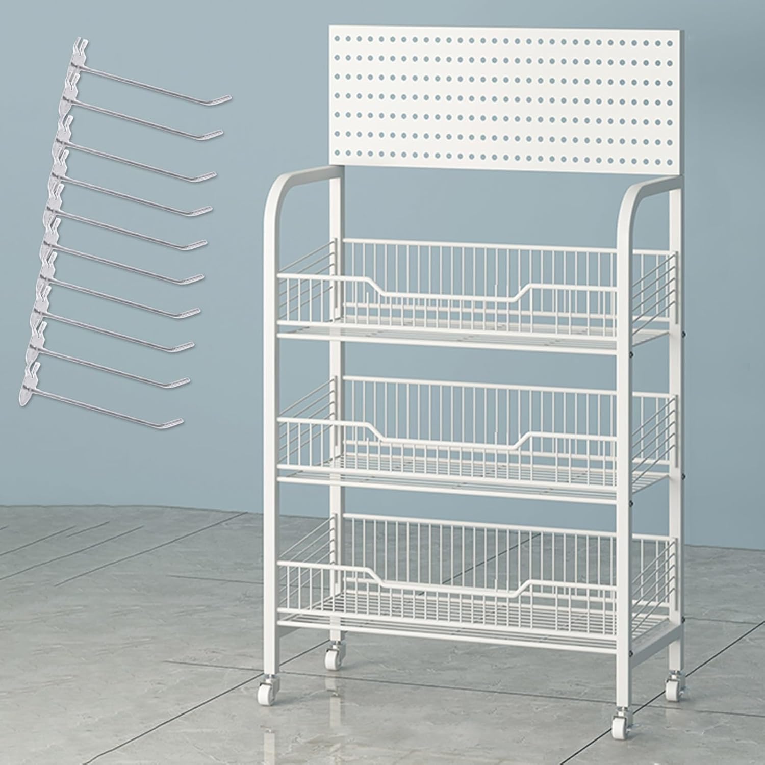 Supermarket Shelf Display Rack with Hanging Hook, Rolling Convenience Store Snacks Organizer Cart for Candy/Canned Food/Potato Chips/Drinks ，Merchandise Display Shelves(White,3 Tier)