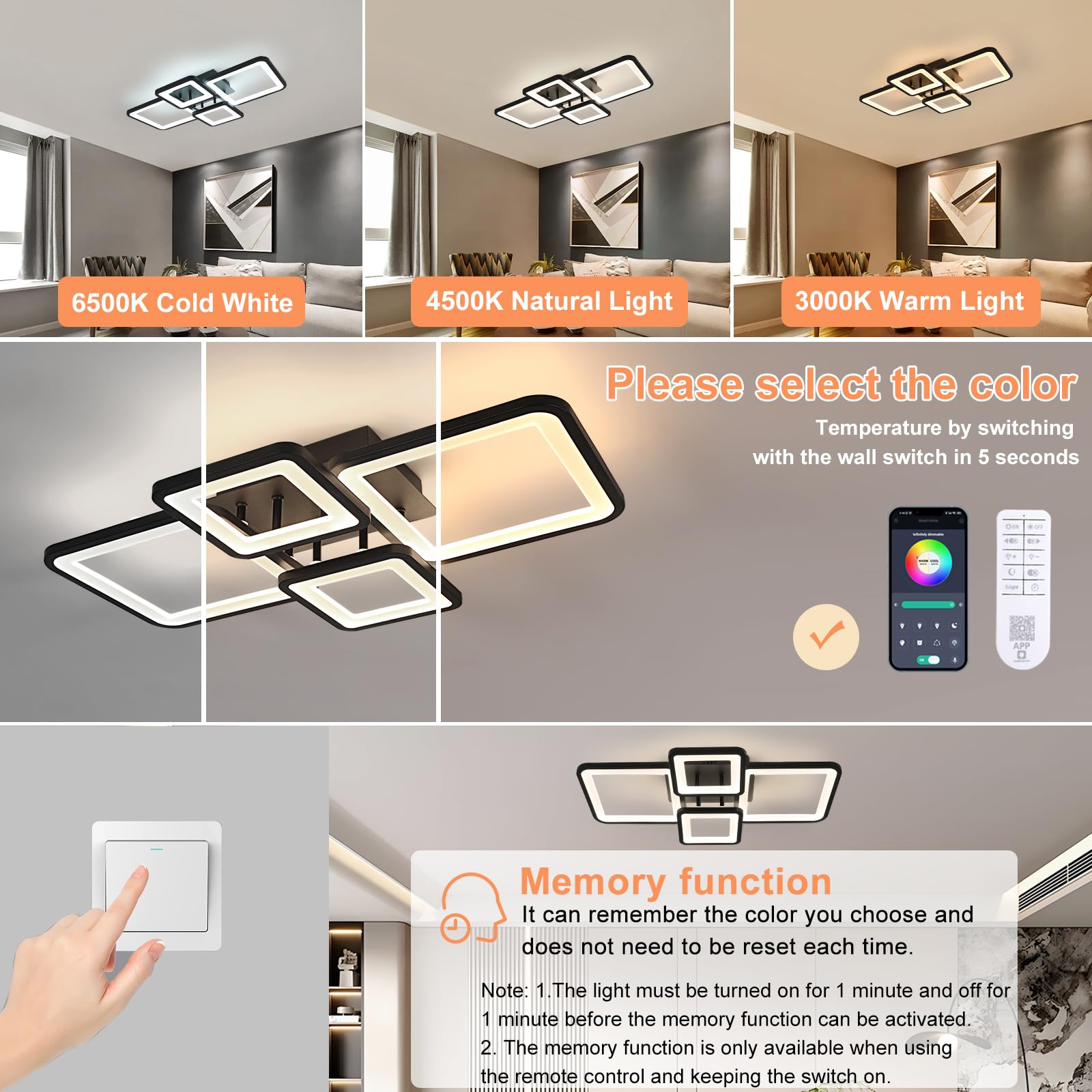 Toolight - Lámpara de techo LED, regulable con mando a distancia, 62 cm, para salón dormitorio, Negro | Toolight - Lámpara de techo LED, regulable con mando a distancia, 62 cm, para salón dormitorio
