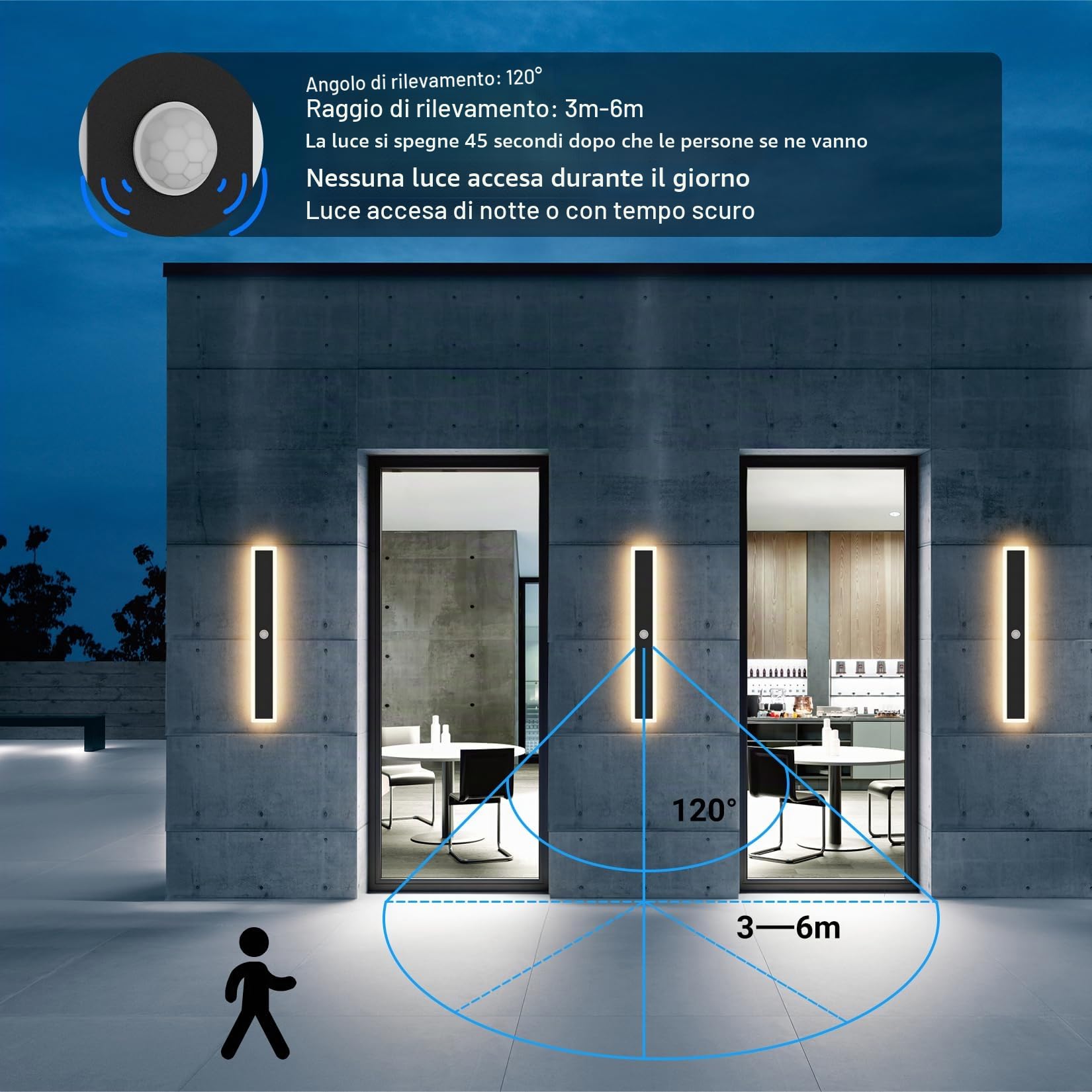 Klighten Led Lunga Applique da Esterno/Interno, Lampada da Parete con Sensore di Movimento 60CM/20W, IP65 Luce da Parete Acciaio inossidabile+Acrilico, per Villa/Terrazzo, Bianco Caldo 3000K, Nero