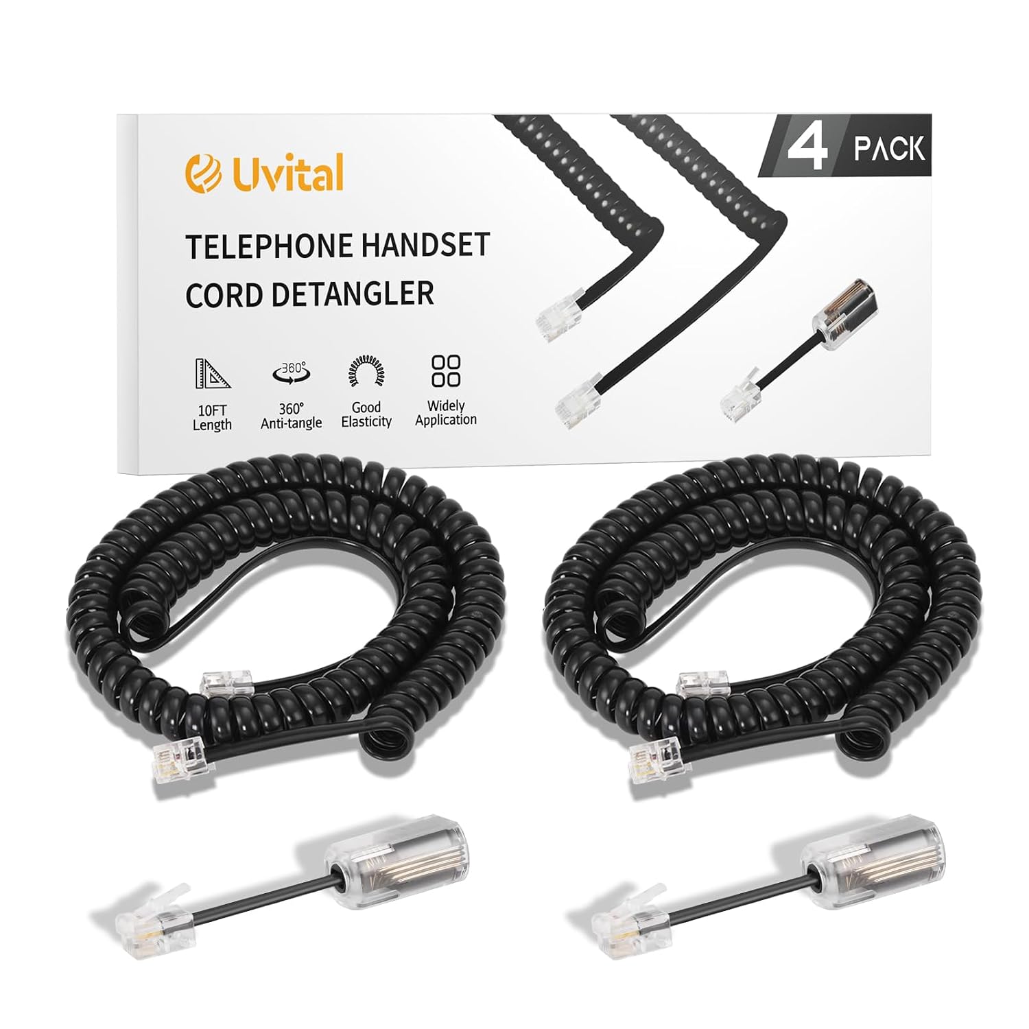 Uvital Phone Handset Cord Detangler for Desk Phone, RJ9 2Pack 10FT Landline Telephone Cord(Coiled Length: 1.2FT) and 2 Pack Anti-Tangle Telephone Wire Untangler, 360° Rotating Swivel, Black