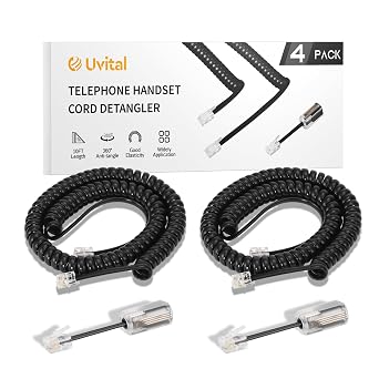 Uvital Phone Handset Cord Detangler for Desk Phone, RJ9 2Pack 10FT Landline Telephone CordCoiled Length 1.2FT and 2 Pack Anti-Tangle Telephone Wire Untangler, 360 Rotating Swivel, Black