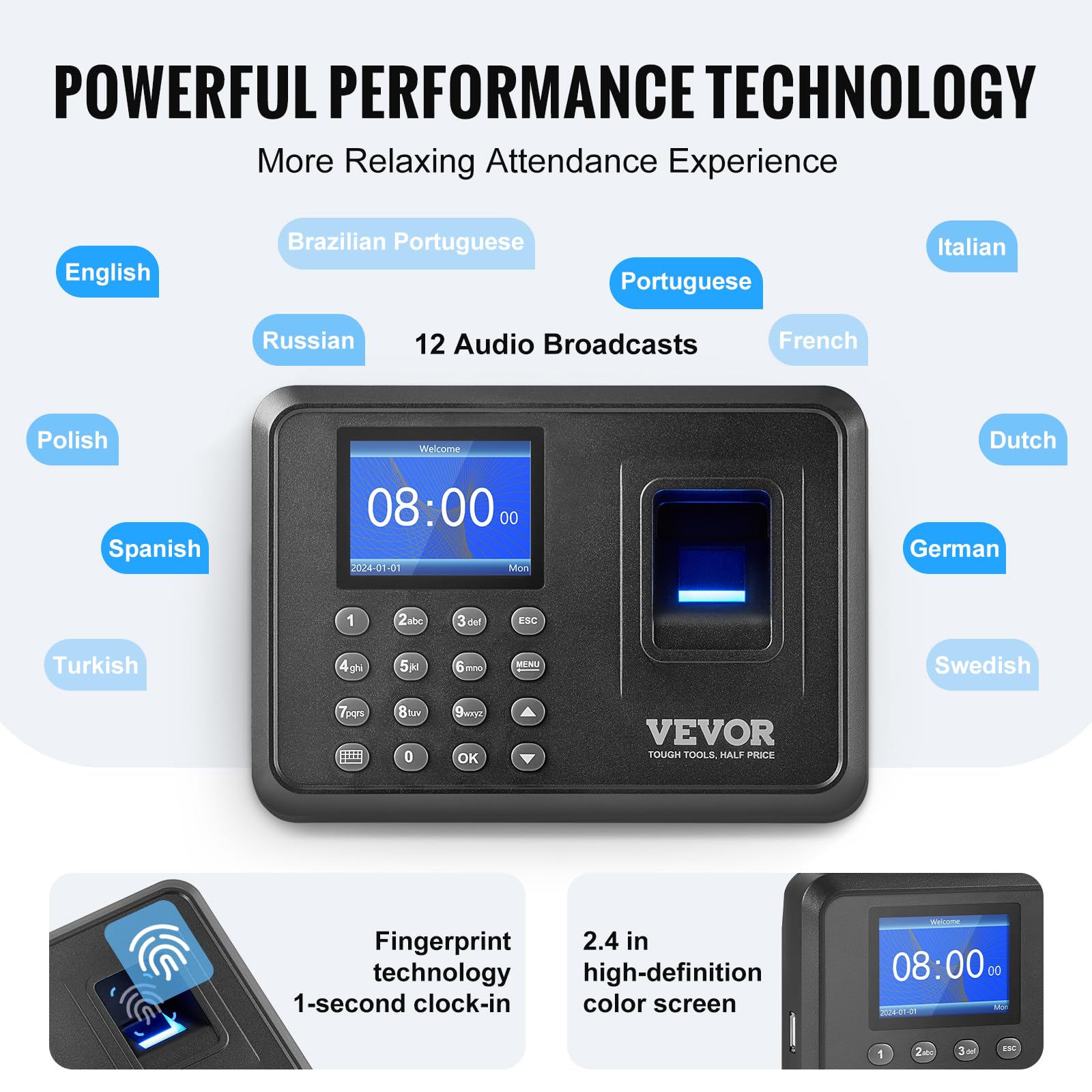 VEVOR Control Horario para Empleados Reloj de Fichar con Huella Dactilar y Entrada de Pin Reloj de Tiempo Biométrico Independiente Reloj de Registro de Tiempo 1000 Huellas Dactilares 12 Idiomas