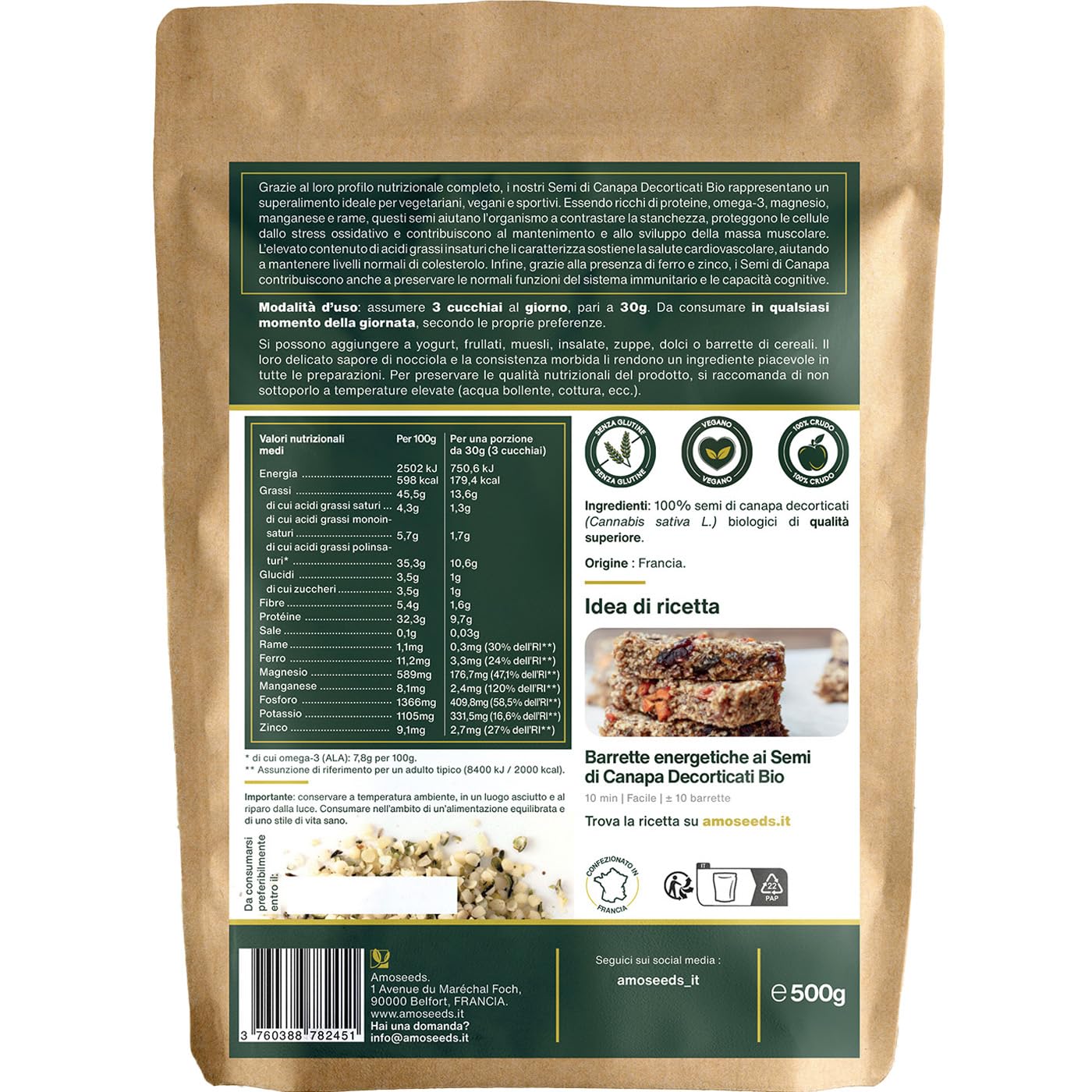 Semi di Canapa Decorticati Bio 500 g | Origine UE | 100% Hemp seeds naturali e crudi | Senza Glutine | Qualità superiore (Confezione da 2)