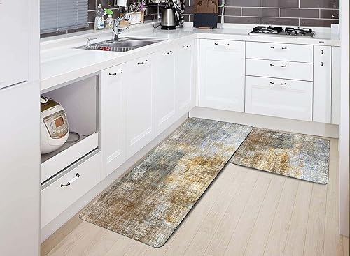 Vista 180 de TOMWISH - Tapetes de cocina para piso, color turquesa, gris, abstracto, pintura artística, 17 x 48 + 17 x 24 pulgadas, juego de alfombras de cocina