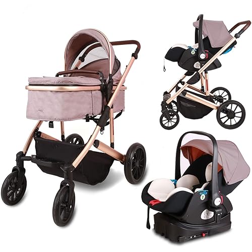 Trenana 5 in 1 Baby Stroller Travel System,Baby Stroller and Car Seat Combo, Includes Quick Folding Aluminium Baby Stroller and Infant Car Seat,High View Modular Stroller with Base(Color:Khaki)