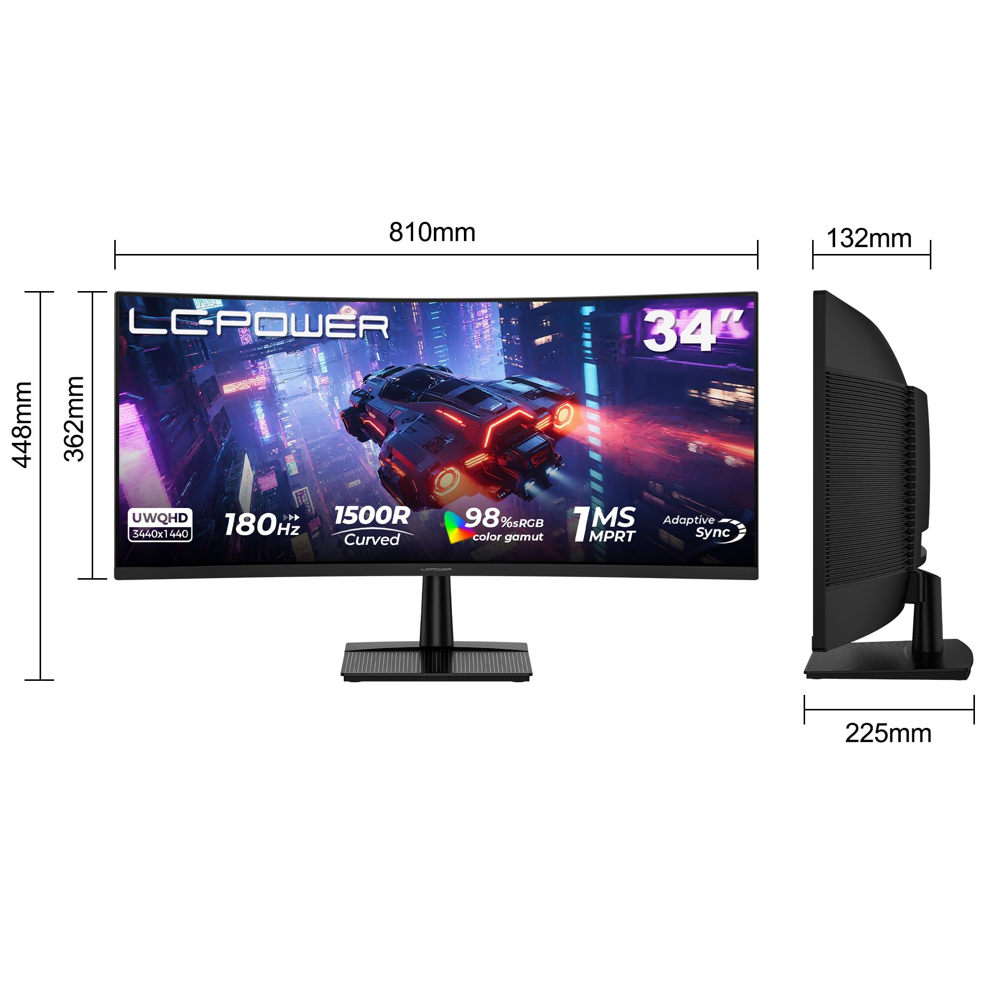 LC-Power LC-M34QC 34 Zoll Ultra WQHD Monitor Curvo para Juegos, Pantalla 3440x1440, 21:9, 1500R, 180Hz, 1ms MPRT, VA, HDR10, Adaptive Sync, Negro, 2xHDMI 2.0, 2xDP 1.4