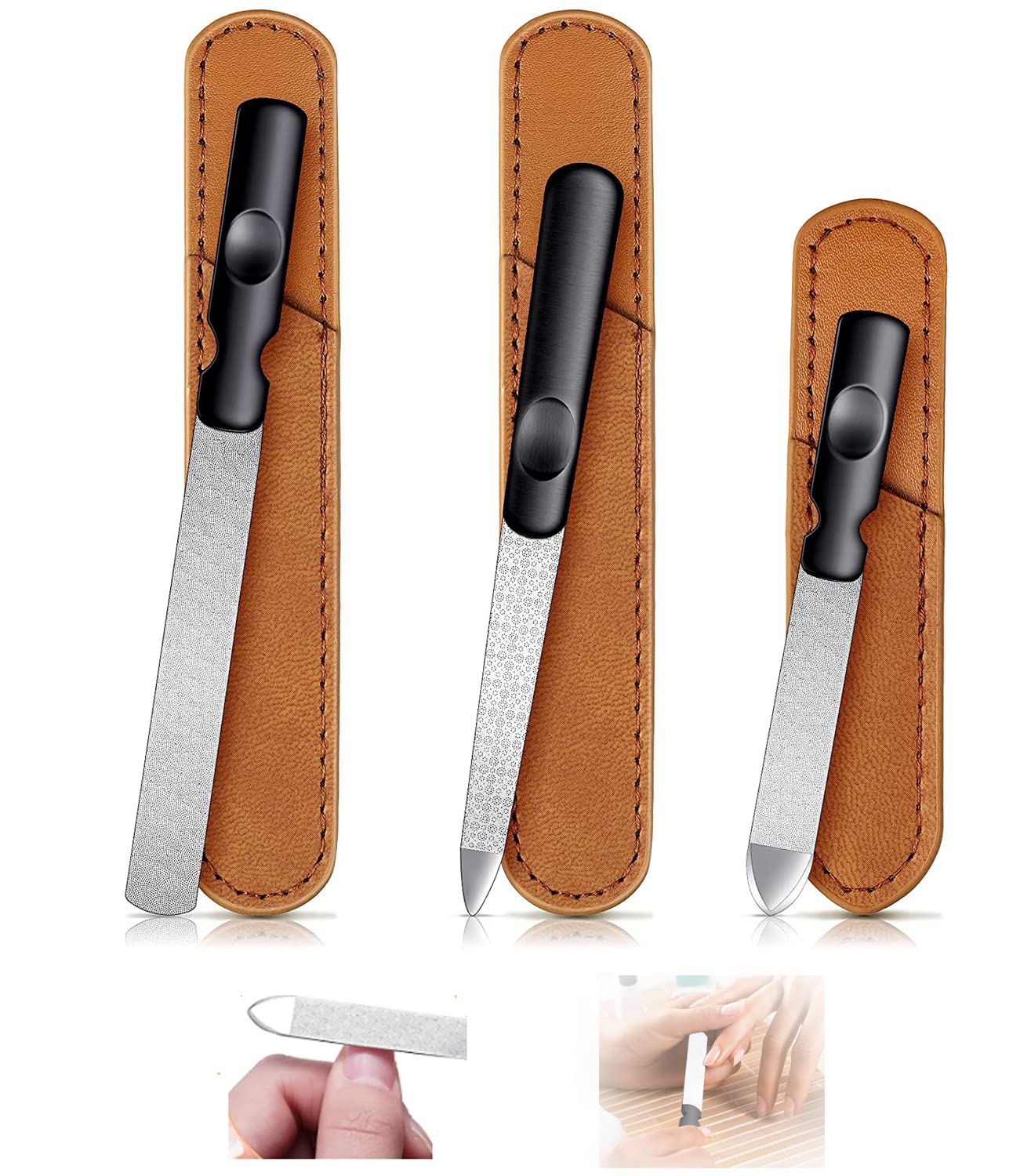 3 Pieces Stainless Steel Nail Files Metal Nail File with Leather Case, Diamond Fingernails Double Sided Nail Files with Anti Slip Handle, Manicure Pedicure Tool for Fingernail Toenail, Fine and Coarse