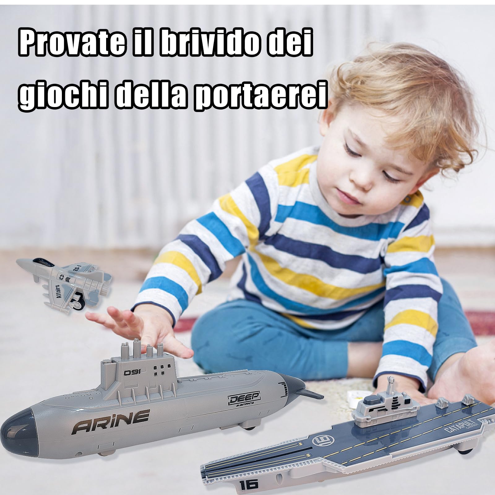 VBACALA Kit di Portaerei per Bambini-con Aereo Corazzato a Ripiego, U-Boat e Navi da Guerra,Set Giocattoli Militari Navali Appassionati di Storia Militare per Bambini 3+ Anni