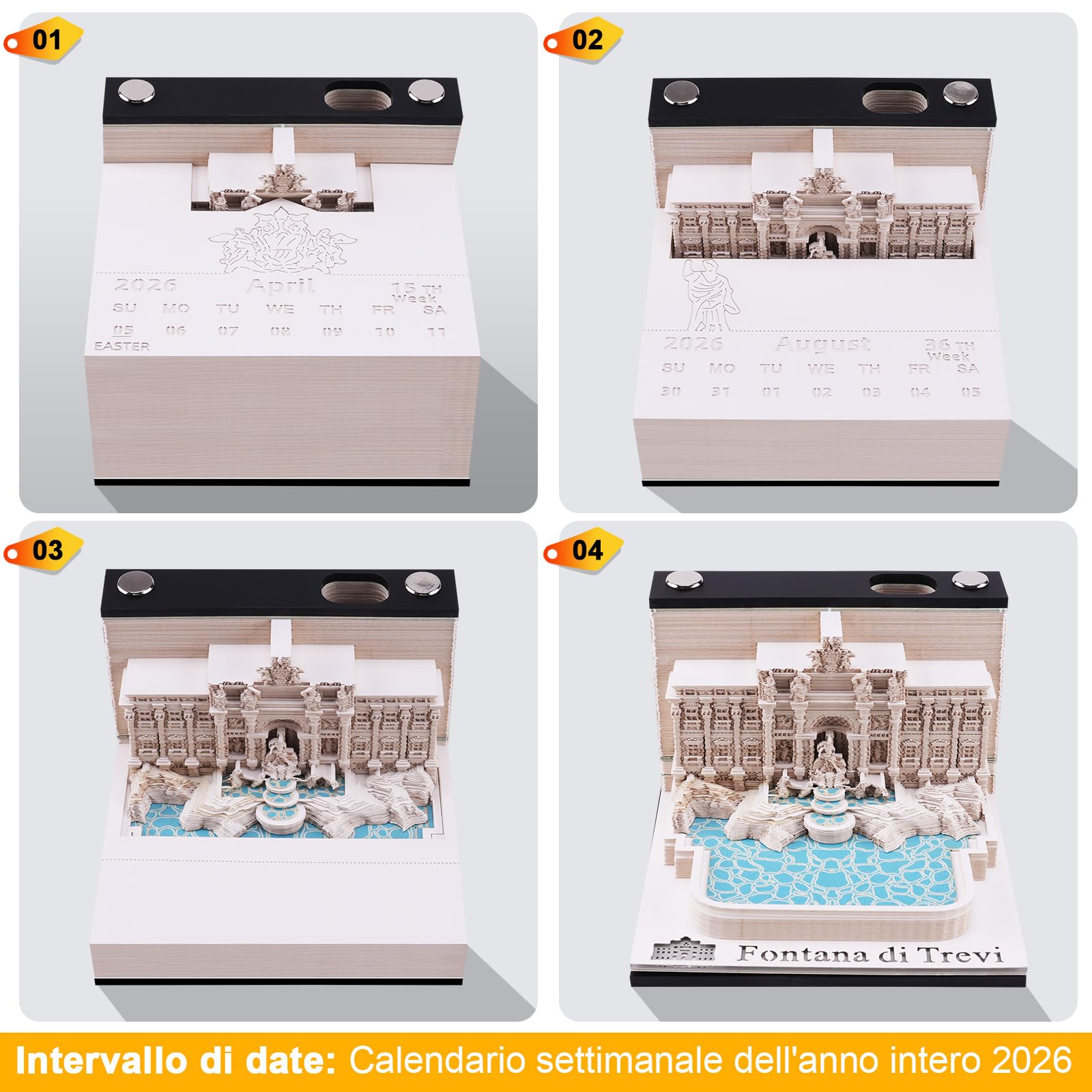 Calendario settimanale 3D 2026 - Fontana di Trevi | Il tuo calendario artigianale con modello cartaceo 3D architettonico integrato | Decorazione per scrivania creativa & figurina decorativa esclusiva