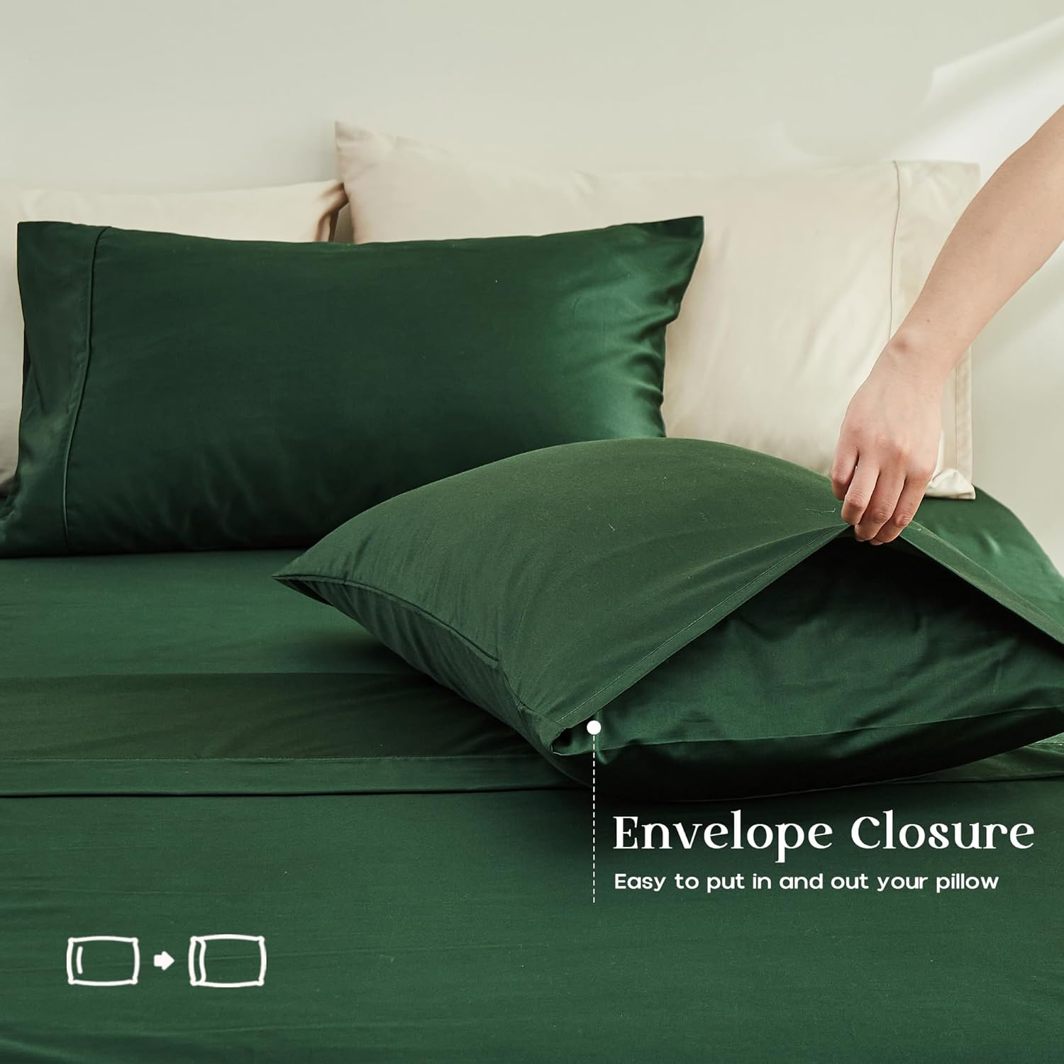 Simple&Opulence 100% Supima Cotton 600 Thread Count Queen Sheets -4 Pc Long Staple Pure Soft Sateen Weave Set-16” Deep Pocket Cooling Luxurious Silky Bed Sheet with Trim Insert(Dark Green, Queen)