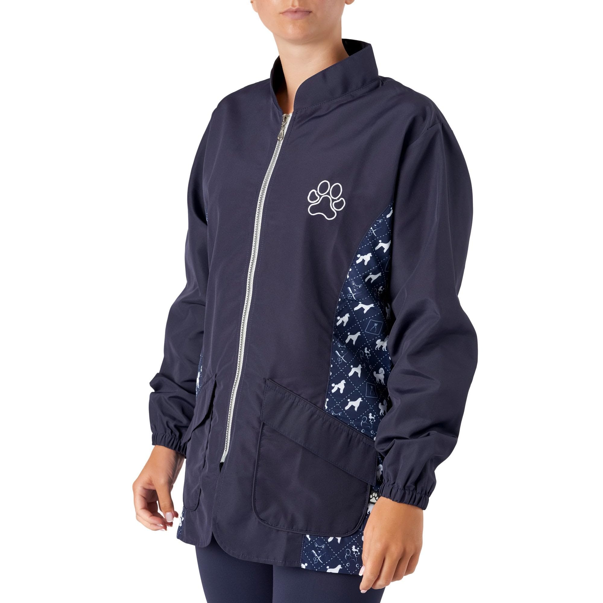 Groomers Mandarin Collar Zip Up Dog Grooming Tunic/Long Sleeve Jacket - Pet Hair Resistant/Quick Drying Workwear - Penny Poodle Design - Navy/Bling - XL