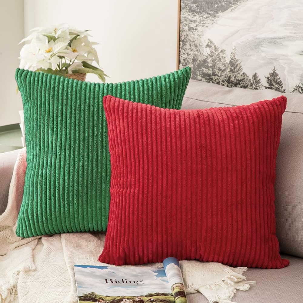 Christmas Red Green Decorative Throw Pillow Covers Pack of 2 Corduroy Square Cushion Case Pillow Cases Set for Couch Sofa Bedroom Car Living Room 18 x 18 Inch