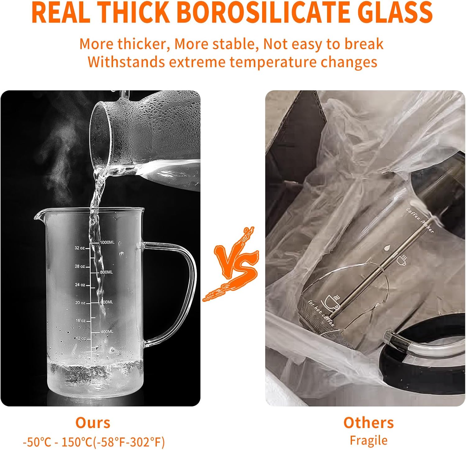 wedrink French Press Coffee Maker 34oz - Thicken Heat-Resistant Borosilicate Glass Bamboo Lid Plastic Free Coffee Press (1000ml)