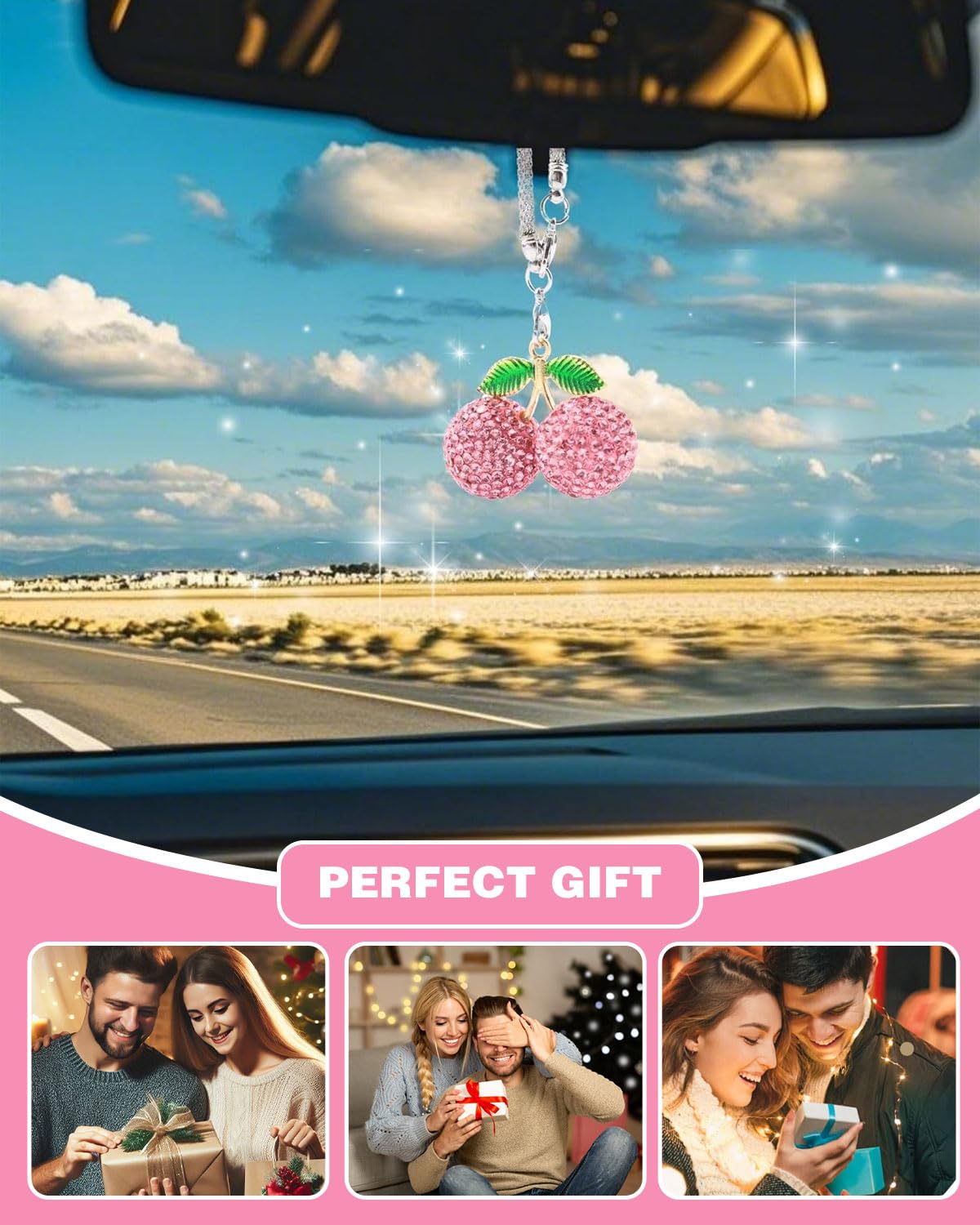 Ornamento da Appendere per Auto, decorazioni macchina，Strass Eleganti Appendere per Auto ciliegia Accessori per Auto Estetica Interna Accessori per Specchietto Retrovisore per Donne