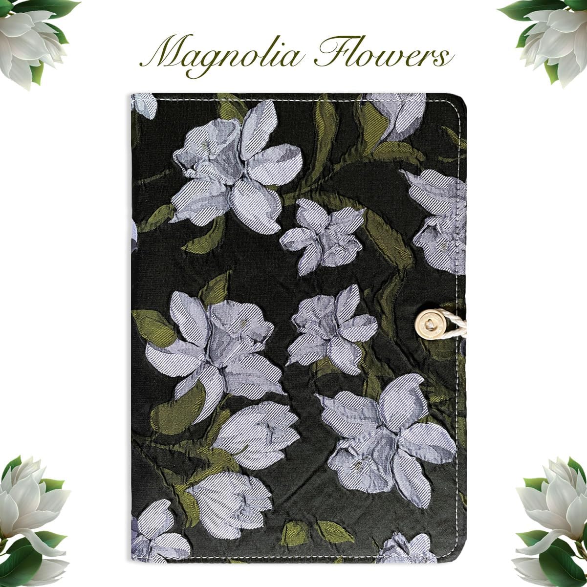 ipoul A5 Binder, 6 Ring Binder, Refillable Notebook, Embroidery Journal, Budget Binder, Lined Notebook, Ruled Paper, Gift for Women, Planner Binder, Black Fabric, Magnolia Flower, Gift for Grandma