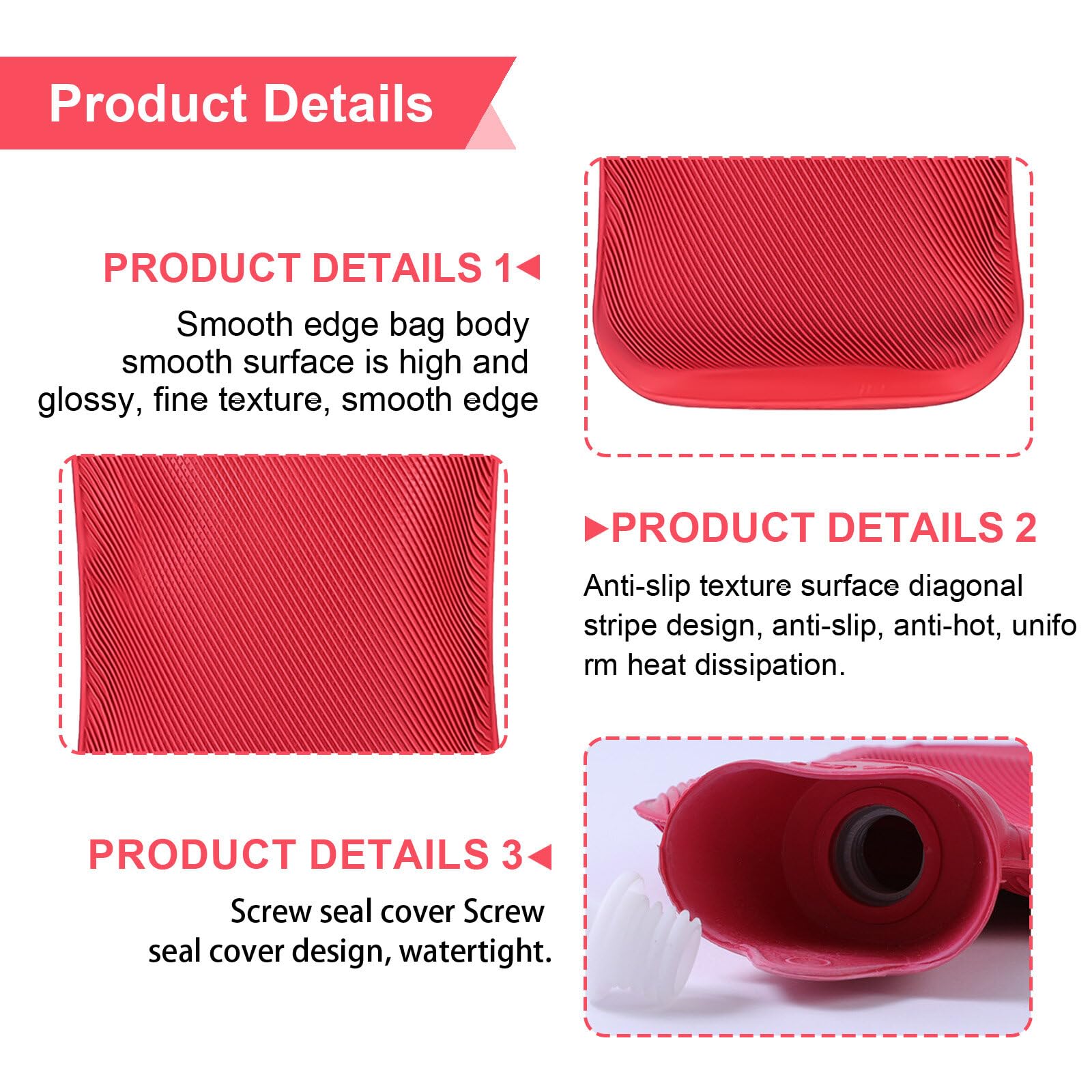 Pack de 2 botellas de agua caliente, sin funda, de caucho natural, segura y duradera, grande, 2 l, regalo para niños y adultos (rojo)