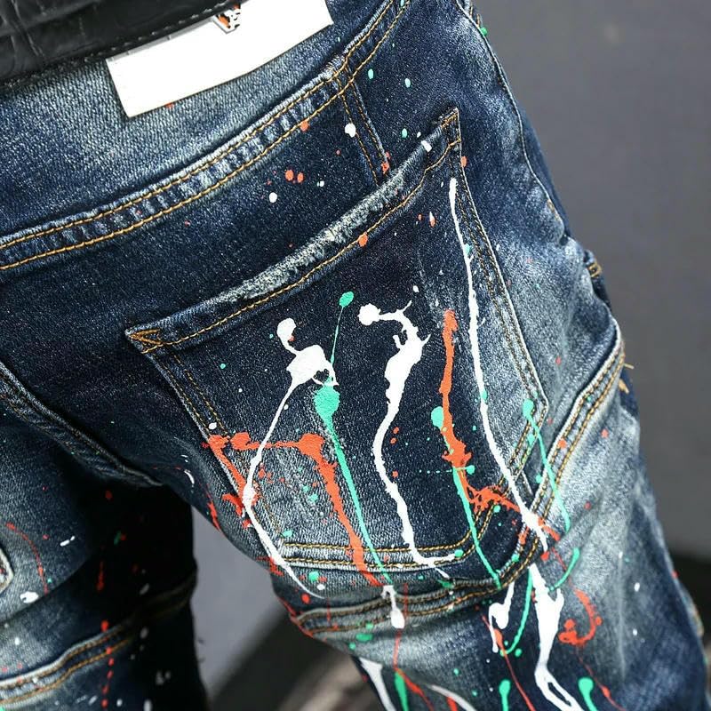 Street Men Jeans Retro Washed Blue Stretch Slim Fit Spliced Ripped Jeans Mens Painted Vintage Denim Pants4