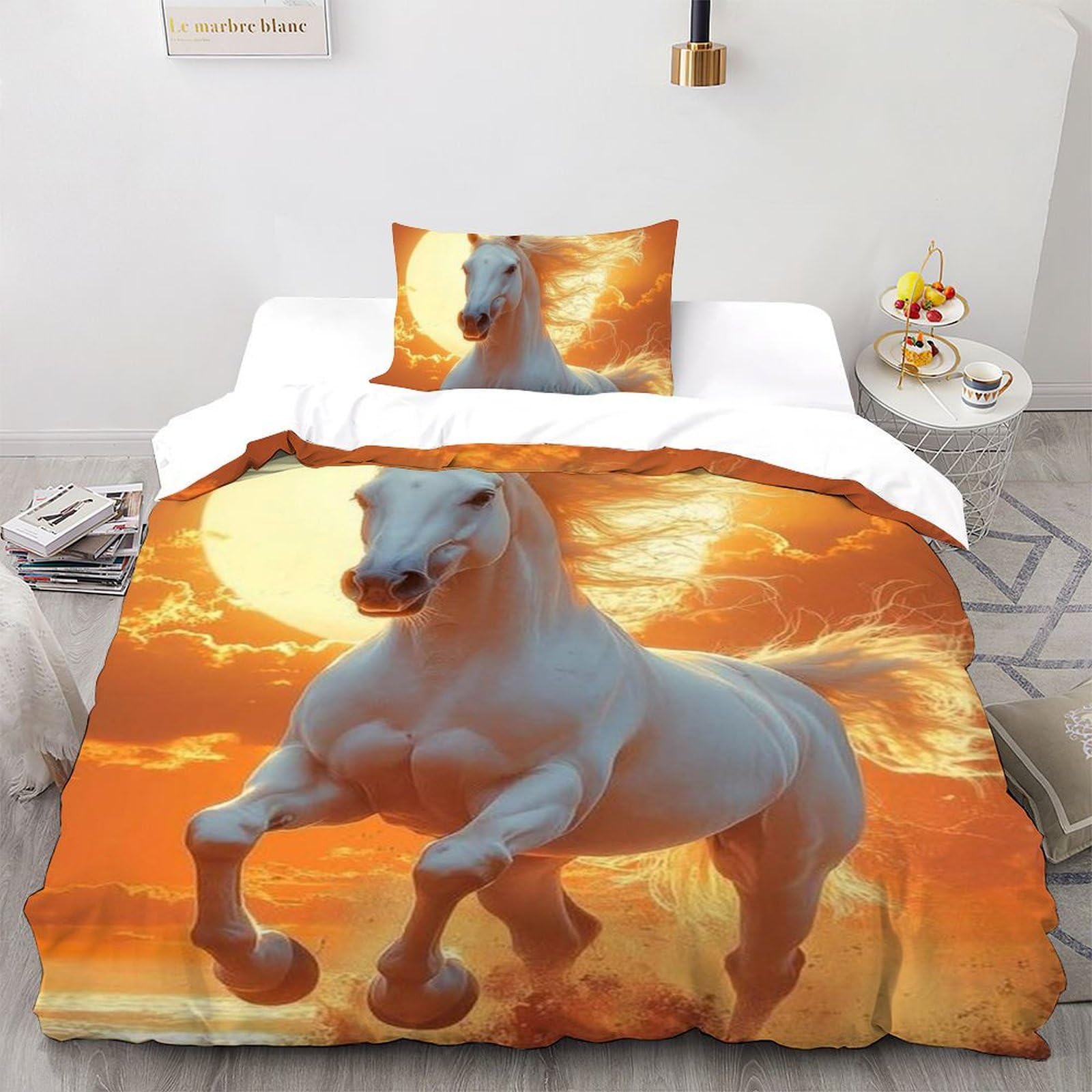 Housse de couette cheval anti-plis en microfibre douce avec zip pour lit enfant 135x200