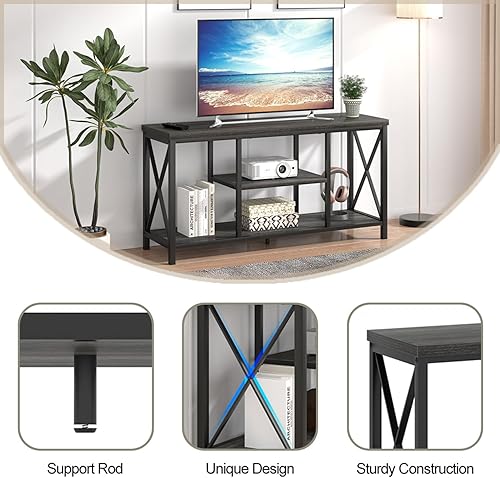 Miniatura 69 de FOLUBAN Soporte de TV para TV de hasta 65 pulgadas, centro de entretenimiento de madera rústica y metal con estantes de almacenamiento, mesa consola