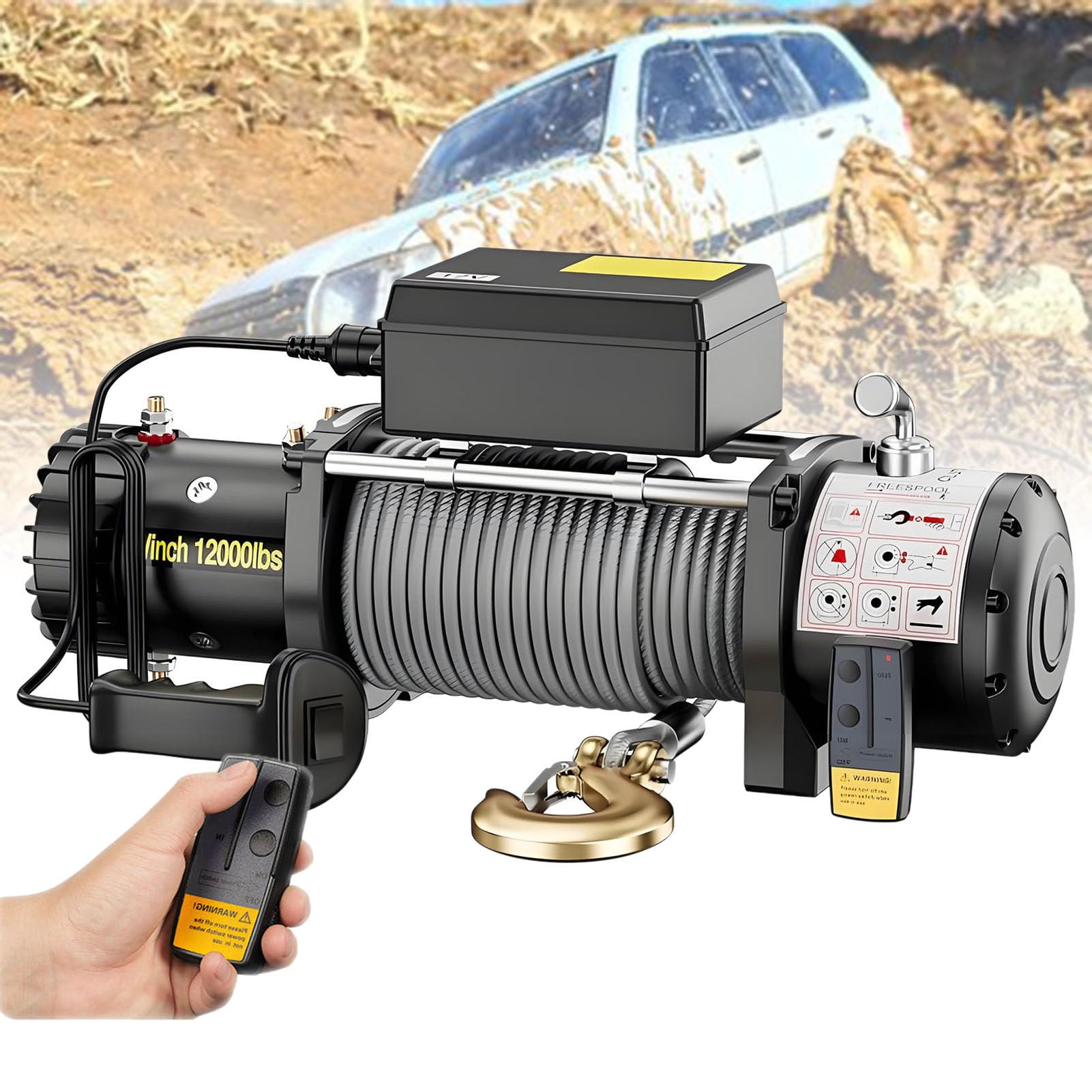 Wciągarka do ATV/UTV – wytrzymała wciągarka elektryczna 12 V / 24 V z obsługą bezprzewodowego pilota 12V-4000LBS
