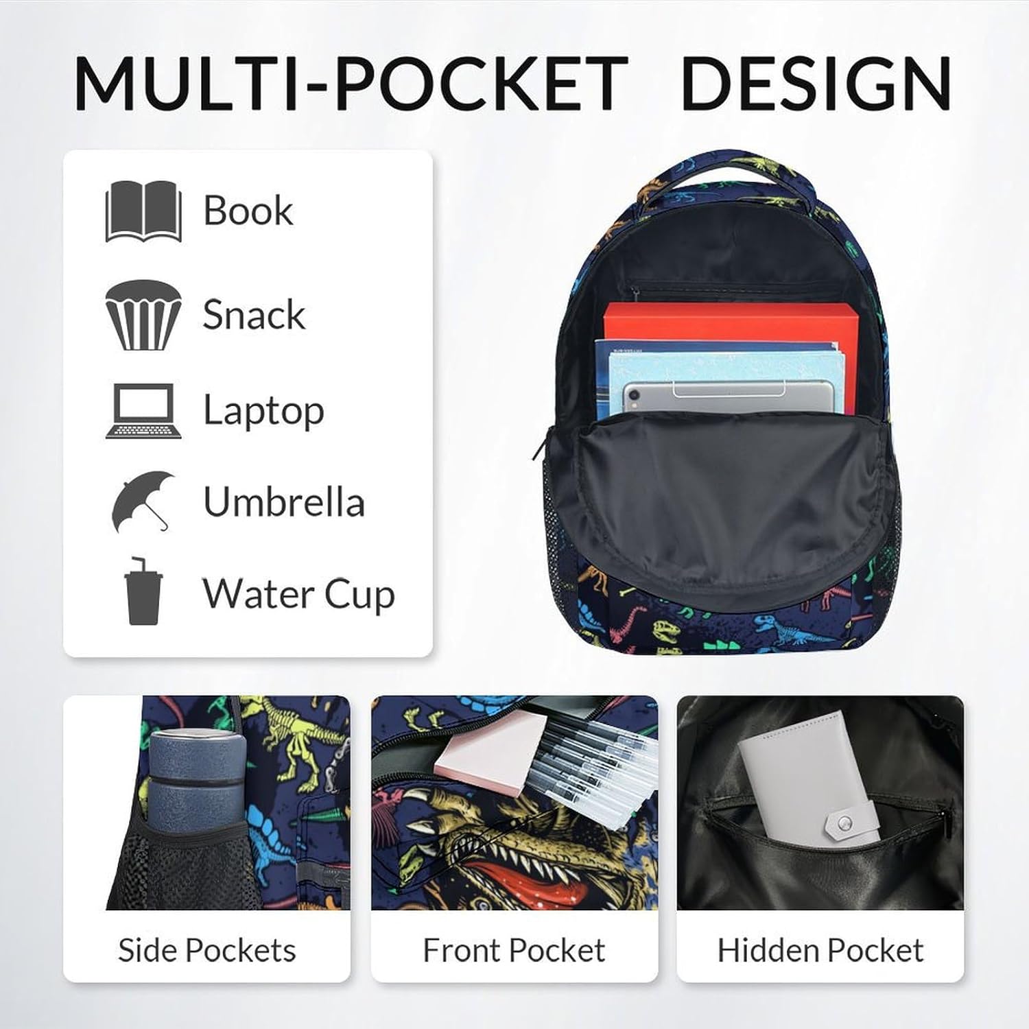 Boys Backpack - Personalized Cool Dinosaurs Bookbag for School, Travel - 17 Inch Custom School Bag for Kids