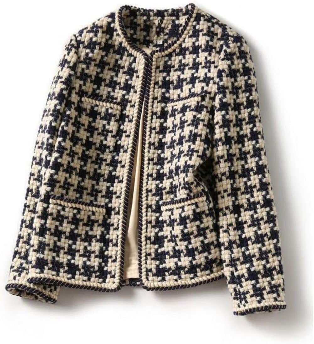 LALUNE Tweed Retro Suit Jacket 3 Pack Women Winter Autumn Fragrance Lady Temperament Round Neck Casual Plaid Blazers