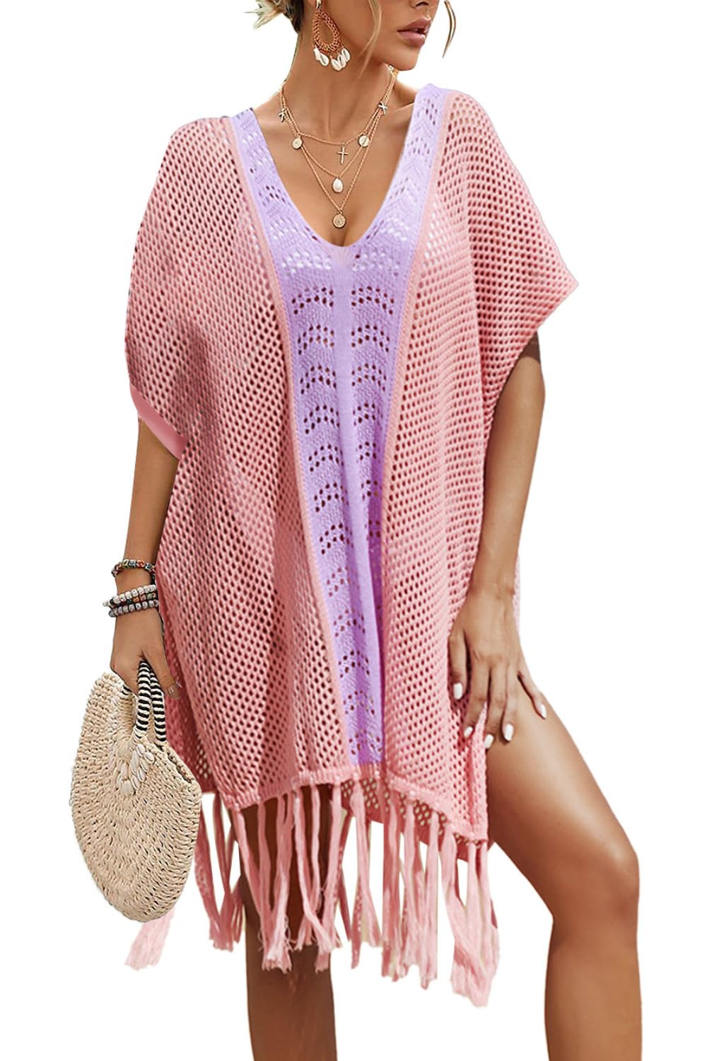 NLAND Vestido de Playa Mujer Pareo Playa de Crochet Suelto Vestido Ganchillo Sexy Cuello en V Bikini Cover Up