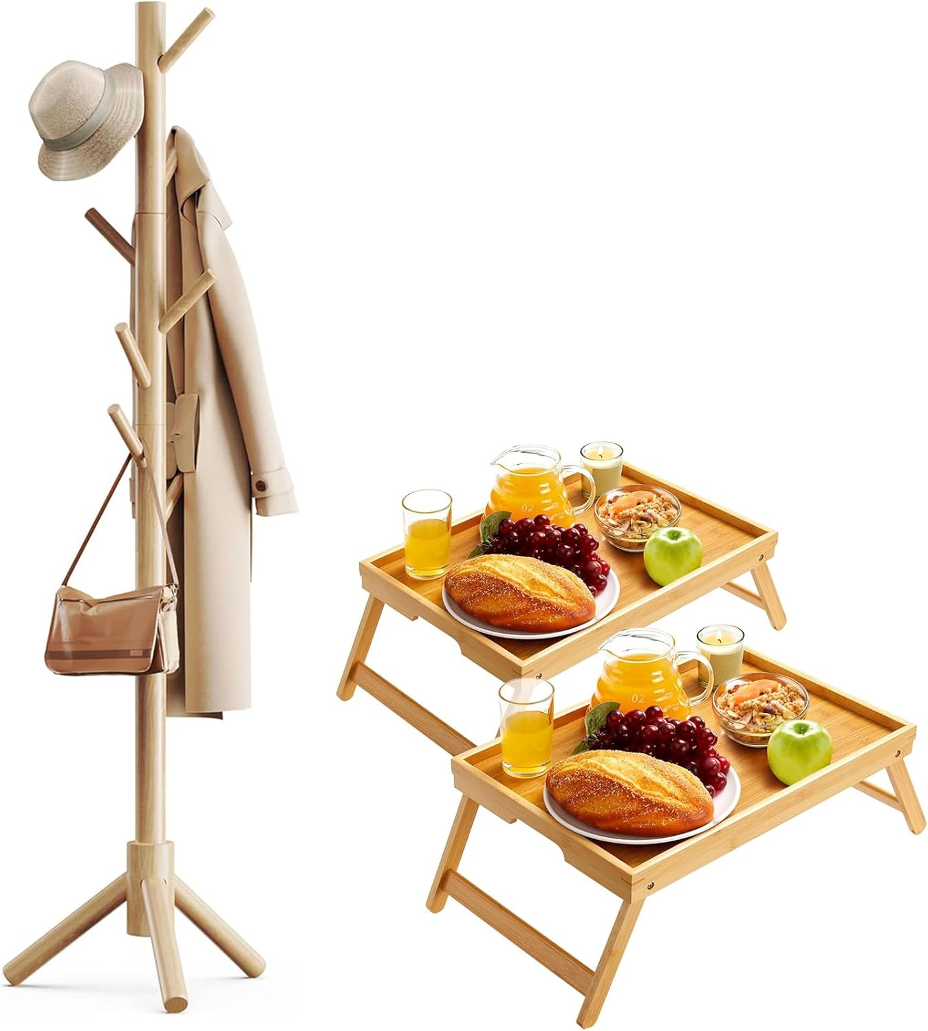Pipishell Sturdy Coat Rack and 2 Pack Bamboo Bed Breakfast Tray
