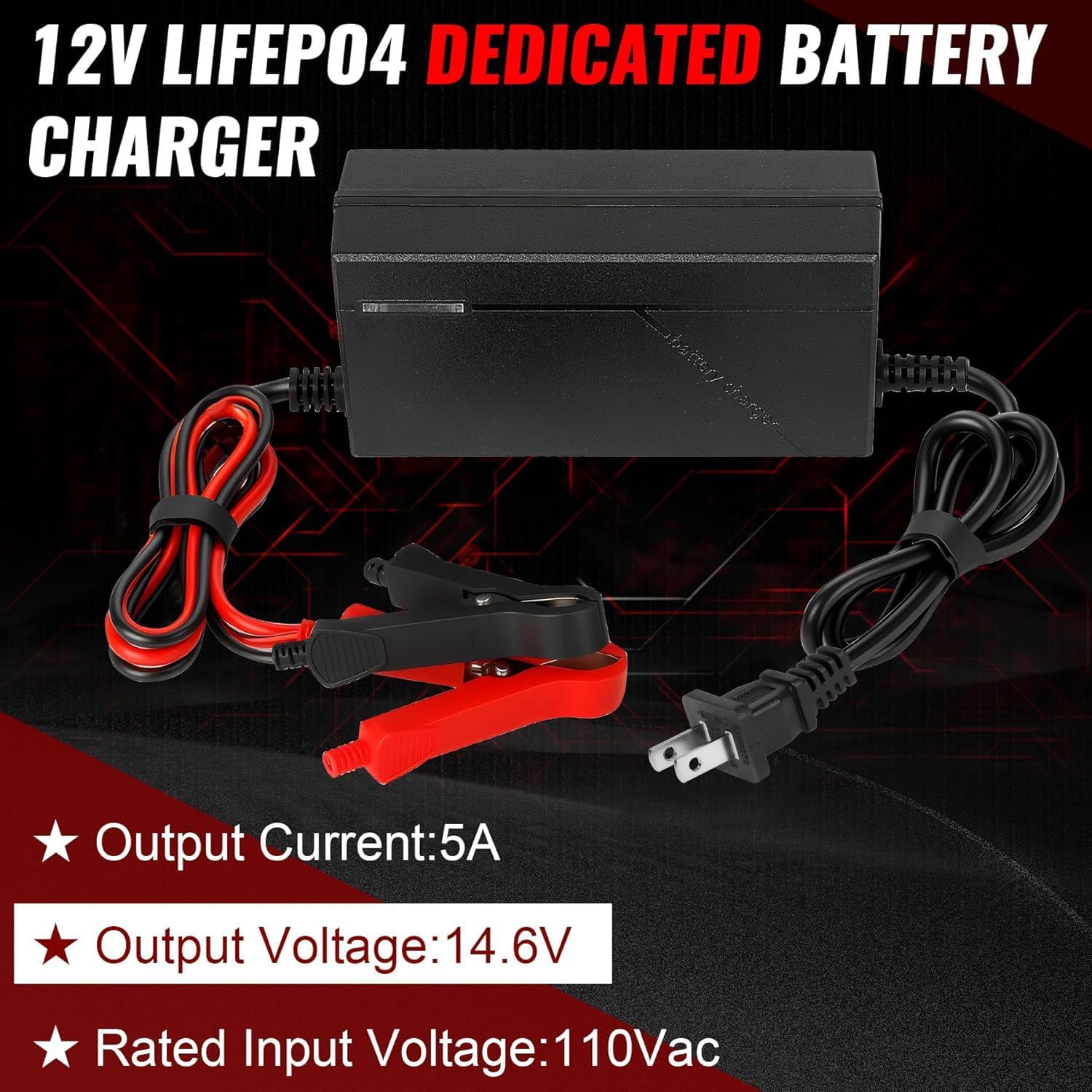 12V 5A LiFePO4 Battery Charger, 14.6V Lithium Battery Charger, Fast Charging, Over-Current and Over-Voltage Protection for 12V Lithium Iron Phosphate Batteries