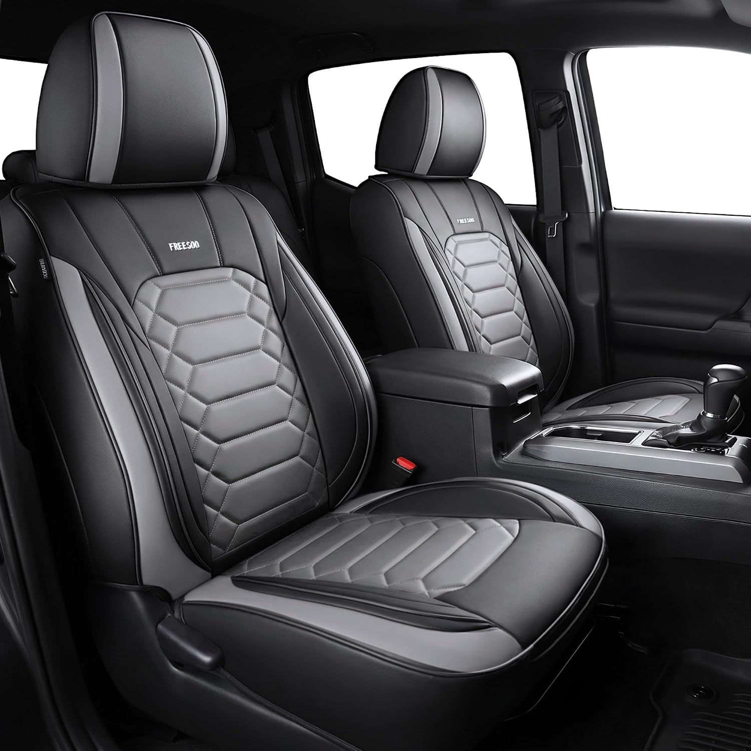 FREESOO Tacoma 2016-2023 Seat Covers Custom Fit for Toyota Tacoma Double Crew Cab Faux Leather Full Set Pickup Truck Seat Covers (Full Set, BlackGrey)